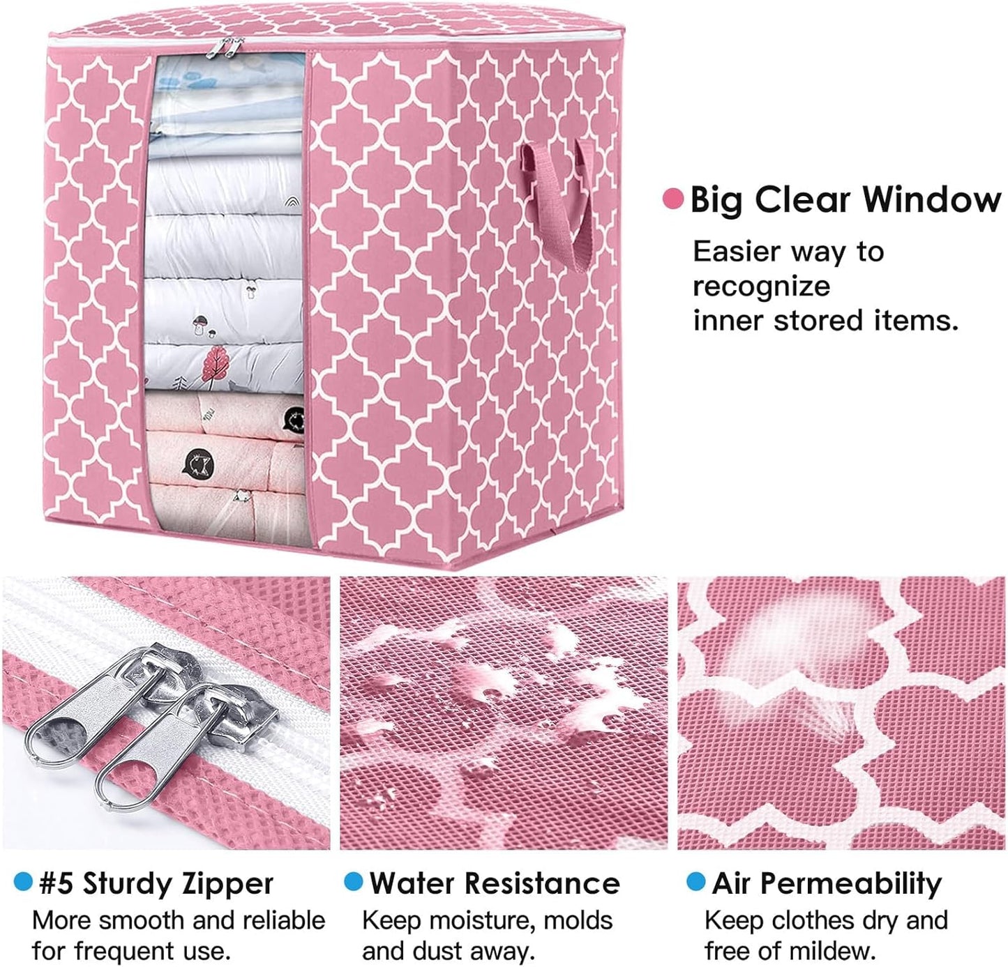 WISELIFE Storage Bags 8 Pack/100L Large Blanket Clothes Organization and Storage Containers for Comforters,Bedding, Foldable Organizer with Reinforced Handle, Clear Window, Sturdy Zippers,Pink