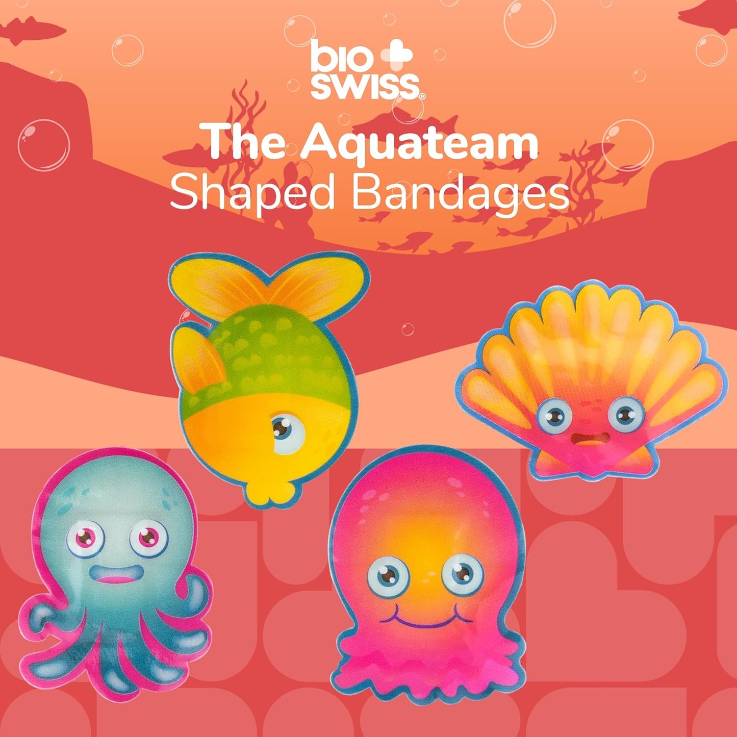 BioSwiss Kids Bandages, Aquateam Sea Creatures Shaped Self Adhesive Bandage Set, Latex Free, Sterile Wound Care, 24 Count