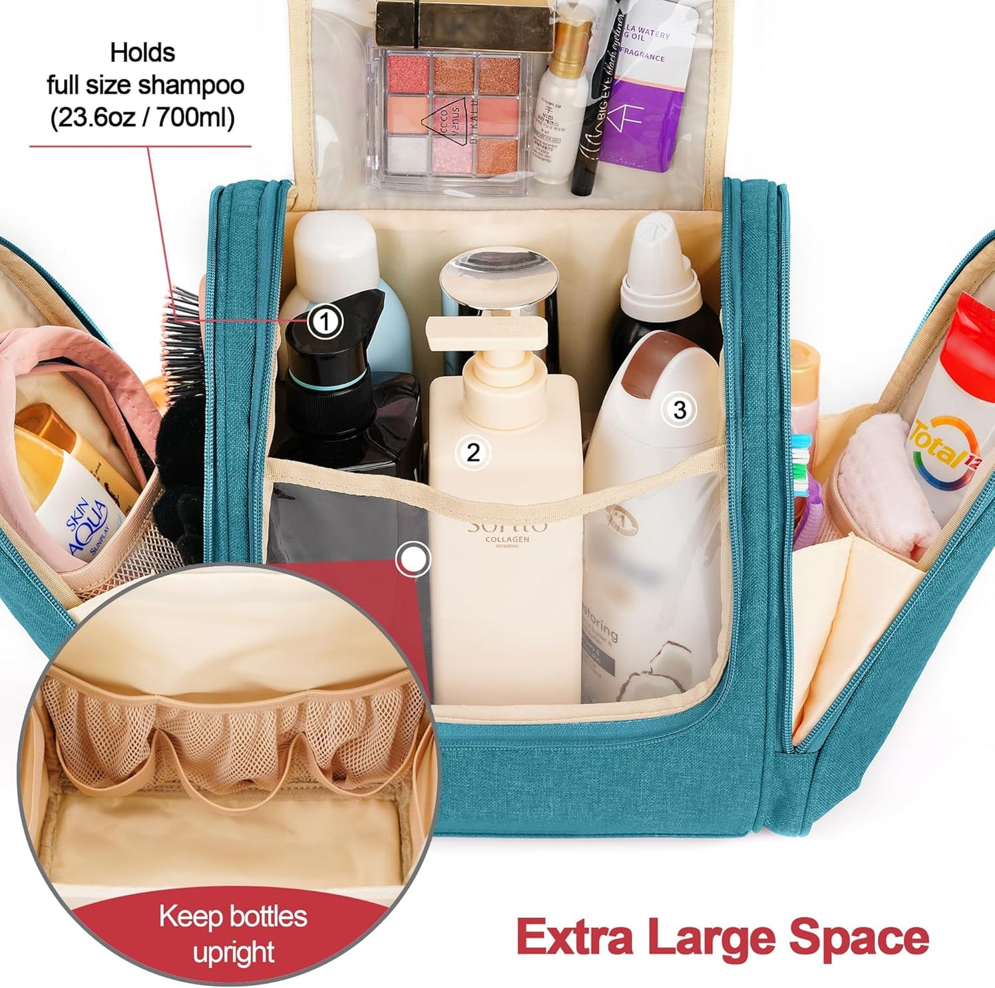 Travel Hanging Toiletry Bag for Women and Men, 6 Organizer Compartments, Holds Full Size Bottles, Extra Large Cosmetic Accessories, Makeup essentials, Bathroom Water-resistant Toiletries Bag, Blue