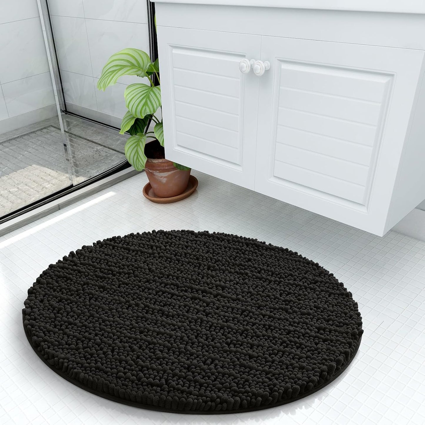 Arotive Luxury Round Chenille Bathroom Rug Mat, Extra Soft Thick Absorbent Shaggy Bath Rugs, Non-Slip Machine Wash Dry Plush Bath Mats for Bathroom, Shower and Tub, 24x24, Black