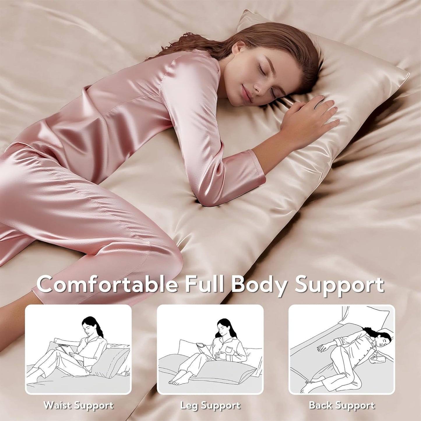 MR&HM Satin Body Pillow Cover, Soft and Breathable Body Pillow Case with Envelope Closure, Cooling and Silky Long Pillowcase for Hair and Skin,Grey (20x54, Champagne)