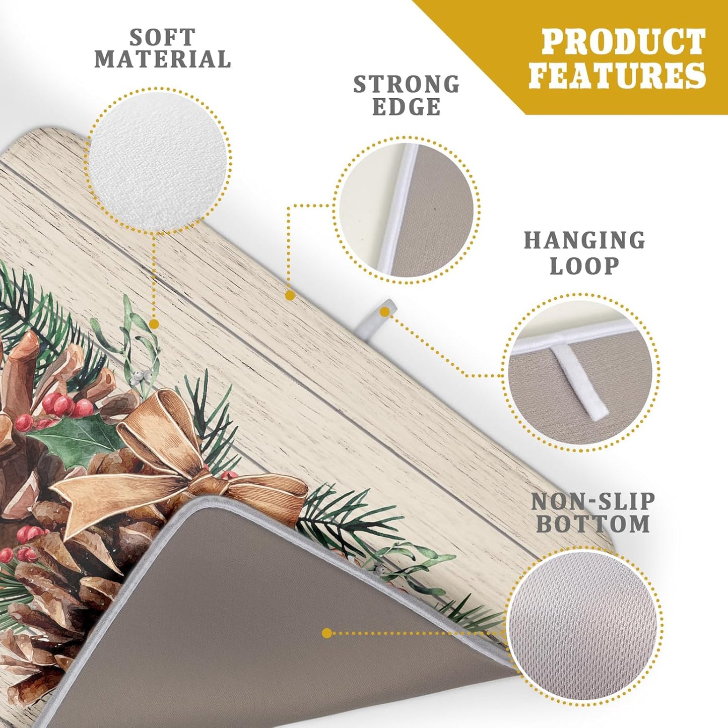 Winter Pine Cone Dish Drying Mat Holly Berries Dish Draining Mat Microfiber Washable Dish Drainer Rack Mat for Home Kitchen Counter 18"x24"