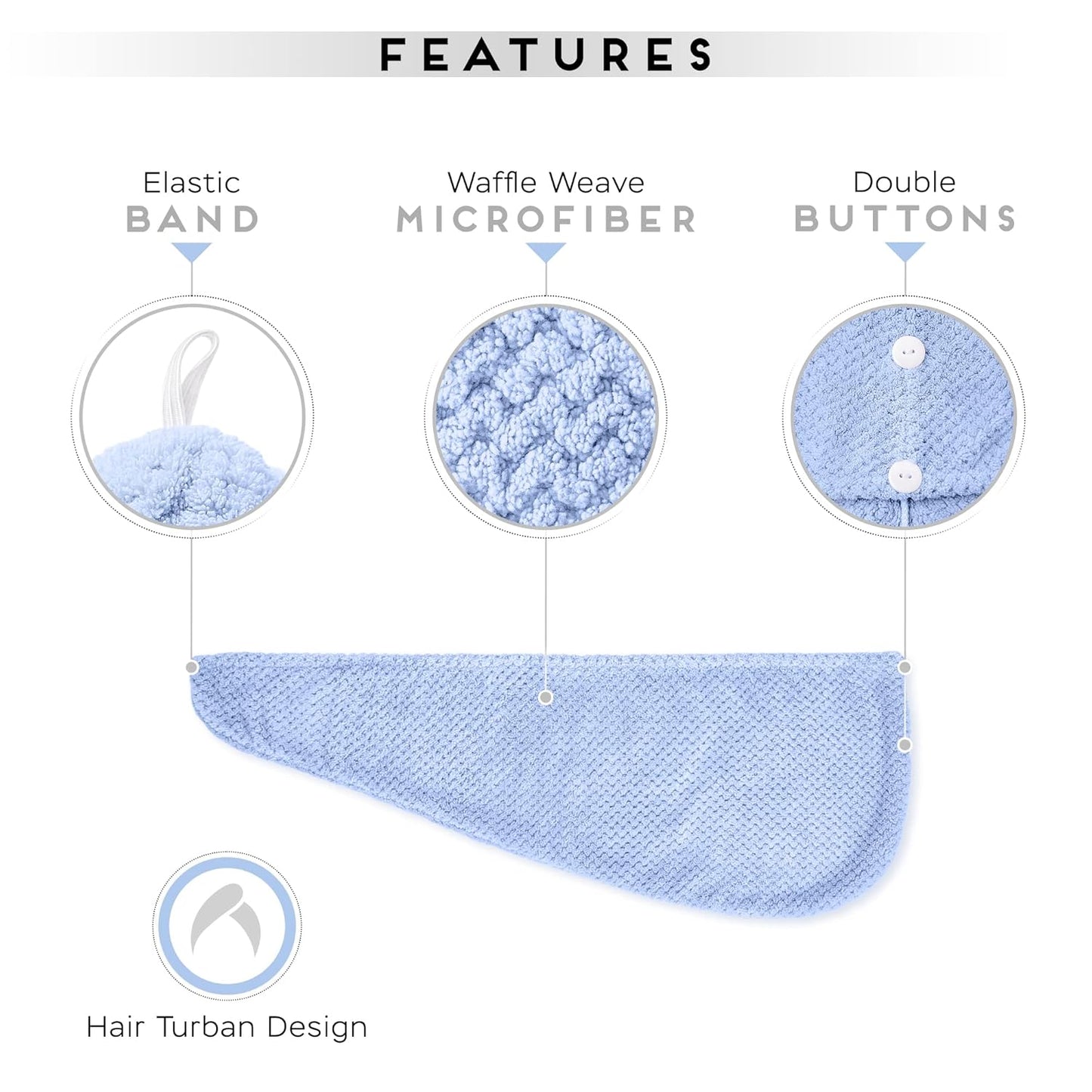 2 Pack Microfiber Hair Towel Wrap for Women, Anti Frizz Quick Drying Hair Turban for All Hair Style, Absorbent and Lightweight (Blue)