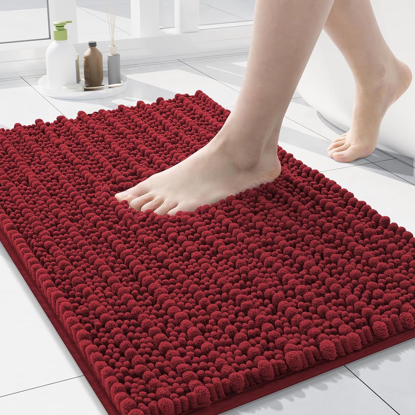 Arotive Luxury Chenille Bathroom Rug Mat, Extra Soft Thick Absorbent Shaggy Bath Rugs, Non-Slip Machine Wash Dry, Plush Bath Mats for Bathroom, Shower and Tub, 24x16, Red