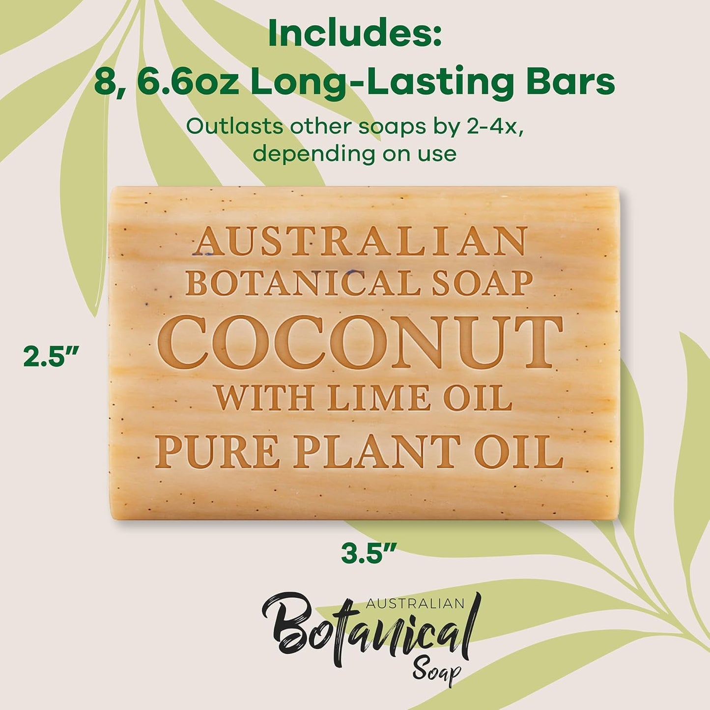 Australian Botanical Soap, 6.6 OZ, Coconut and Lime Oil, Triple Milled Bars made with a Natural Soap Base and Enriched with Organic Shea Butter, Pack of 8