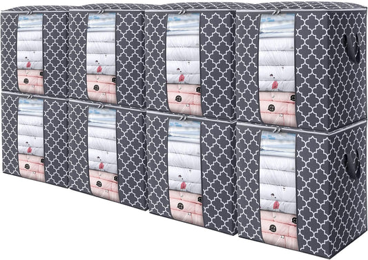WISELIFE Storage Bags 8 Pack/100L Large Blanket Clothes Organization and Storage Containers for Comforters,Bedding, Foldable Organizer with Reinforced Handle, Clear Window, Sturdy Zippers,Gray