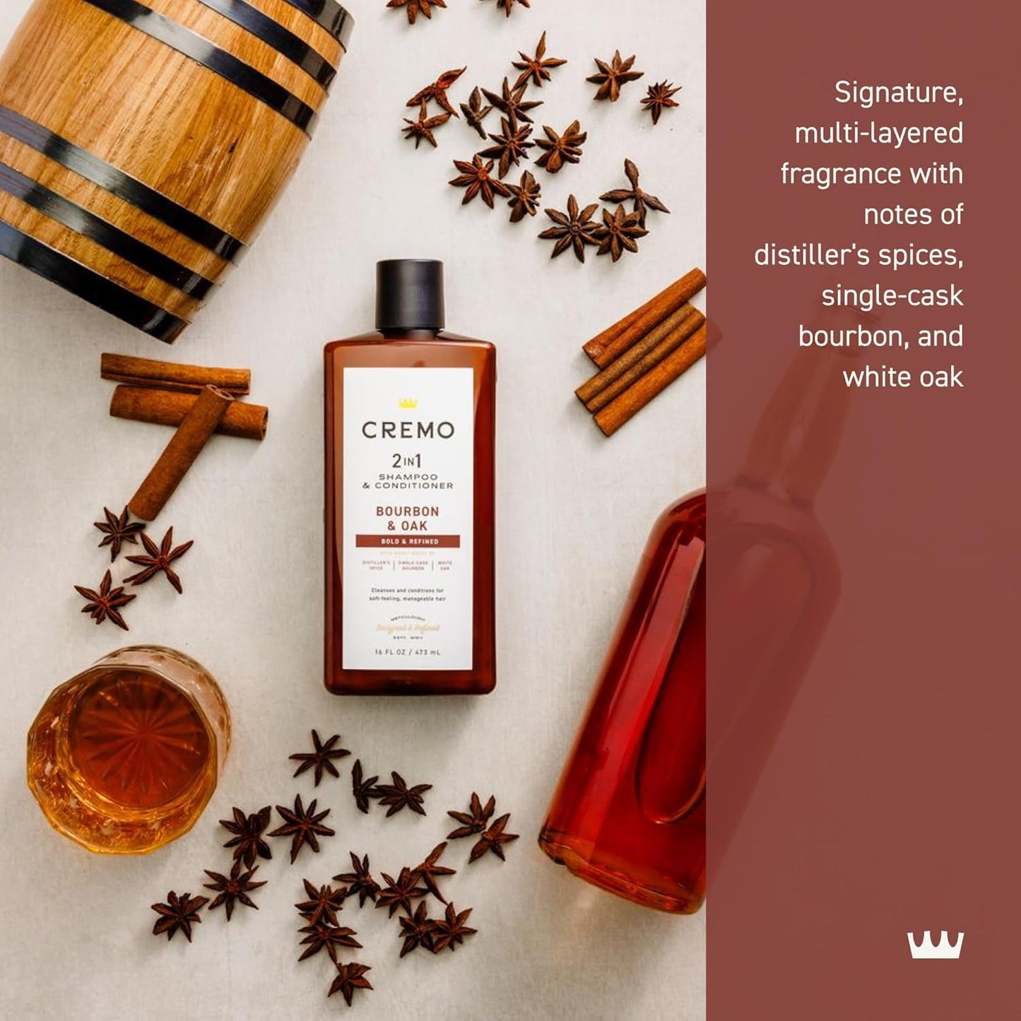 Cremo Bourbon & Oak 2-in-1 Shampoo & Conditioner, Barber Grade Quality That Moisturizes and Cleanses All Hair Types, 16 Fluid Ounce