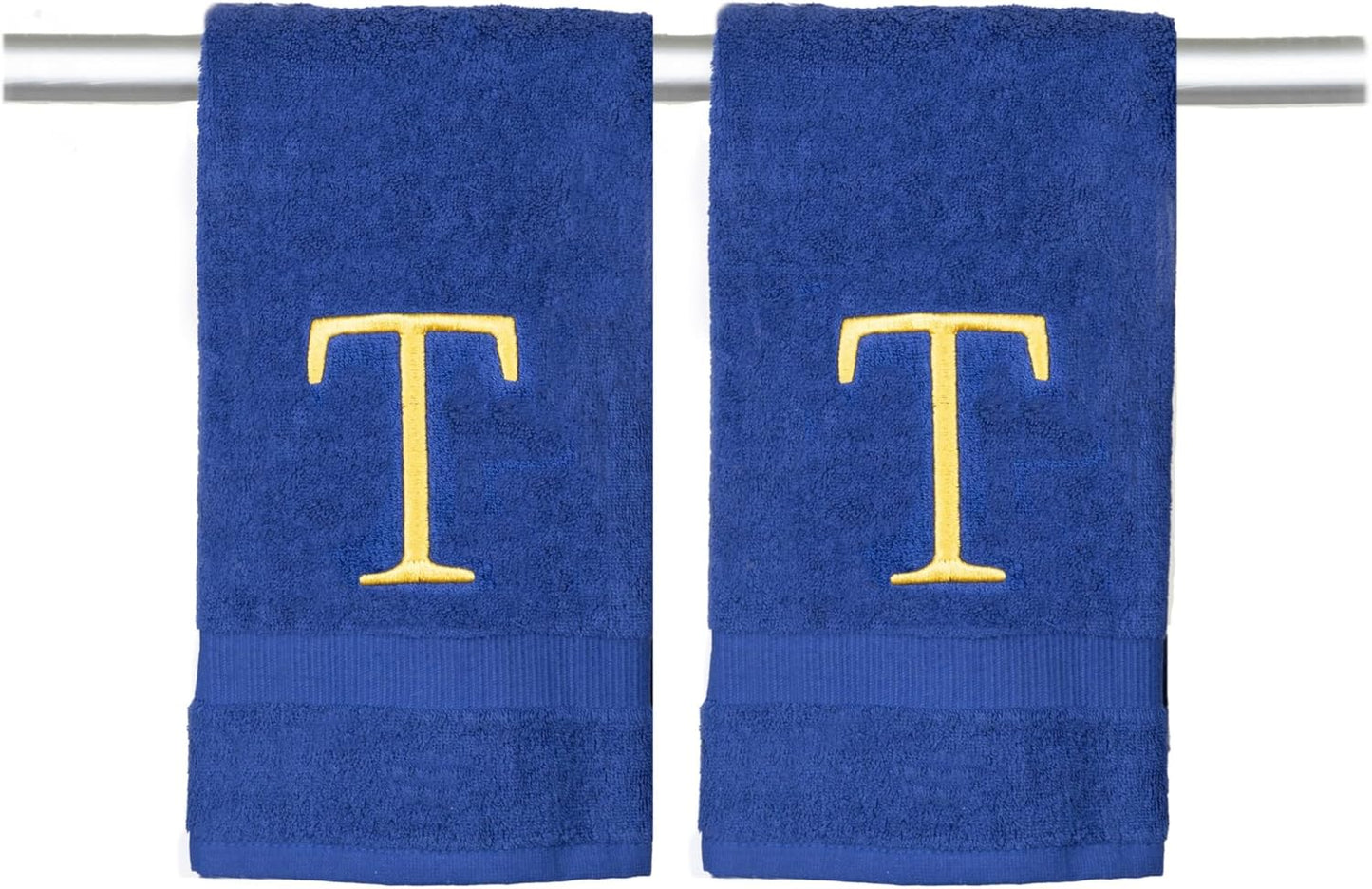 Navy Bathroom Hand Towel - Monogrammed Luxury Hotel Quality Decorative Embroidered Towel for Powder Room, Spa - GOTS Organic Certified - Set of 2 Gold Letter T