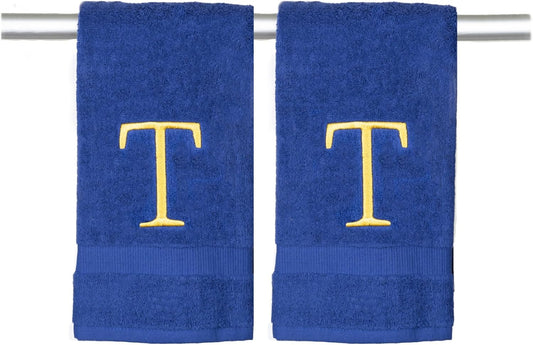 Navy Bathroom Hand Towel - Monogrammed Luxury Hotel Quality Decorative Embroidered Towel for Powder Room, Spa - GOTS Organic Certified - Set of 2 Gold Letter T