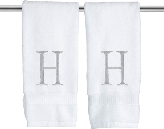 Monogrammed Hand Towels for Bathroom - Luxury Hotel Quality Personalized Initial Decorative Embroidered Bath Towel for Powder Room, Spa - GOTS Organic Certified - Set of 2 Letter H