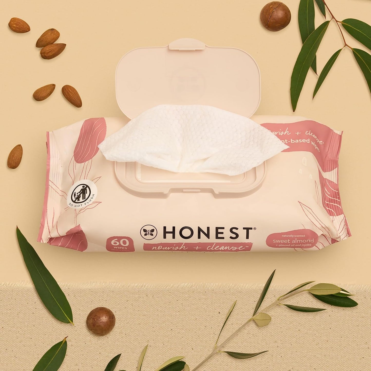 The Honest Company Nourish and Cleanse Naturally Scented Wipes Cleansing Multi-Tasking Wipes 99% Water Plant Based Hypoallergenic Sweet Almond 60 Count