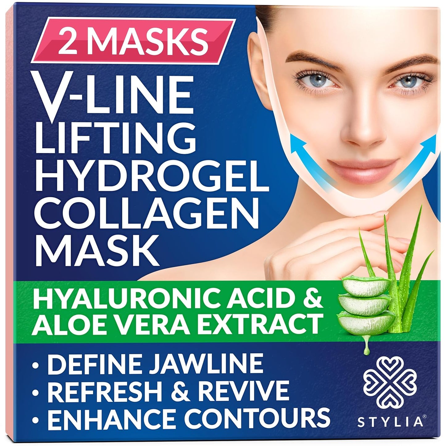STYLIA V Line Lifting Collagen Face Mask - Lift, Firm & Contour Jawline - Double Chin Strap with Hyaluronic Acid & Aloe Vera - Hydrating Neck & Face Tightening Mask - Chin Strap for Sleeping (2PC)