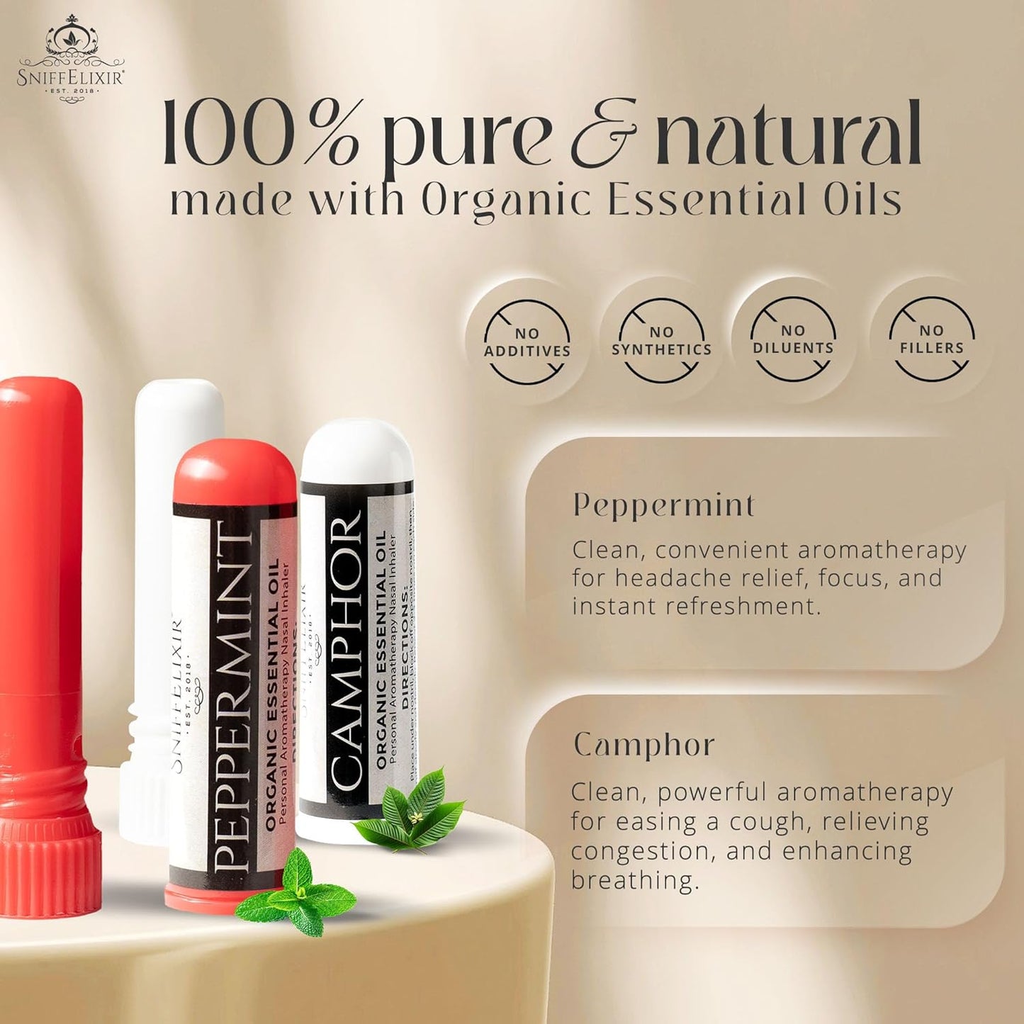 2 Pack Camphor Nasal Stick + Peppermint Nasal Inhalers – Aromatherapy Inhaler Sticks for Cough, Motion Sickness, Nausea Stick, Headaches and Migraines – Portable Nasal Inhalers for Adults