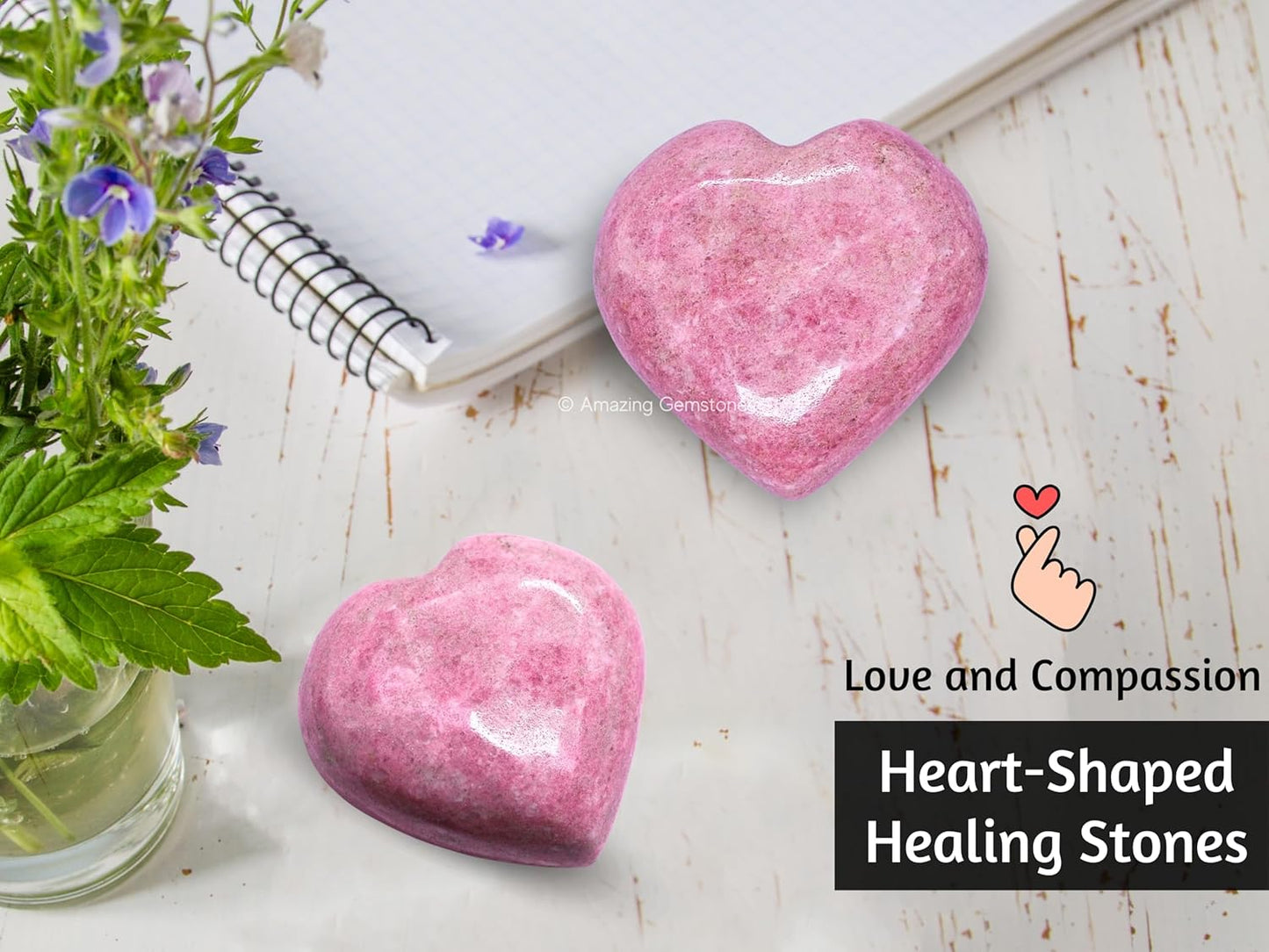Amazing Gemstone Thulite Crystal Heart Palm Stone - Pocket Massage Worry Stone for Natural Body Chakra Balancing, Reiki Healing and Crystal Grid