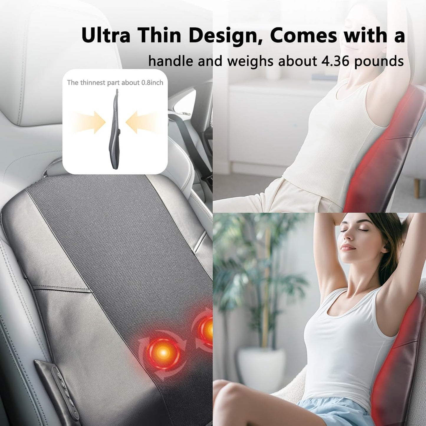 Back Massager for Pain Relief Deep Tissue, Ultrathin Rolling Up and Down Full Back Massage with Heat, 4D Shiatsu Kneading, Shoulder Massager, Extended Widened Design for Home, Office, Car Use, Beige