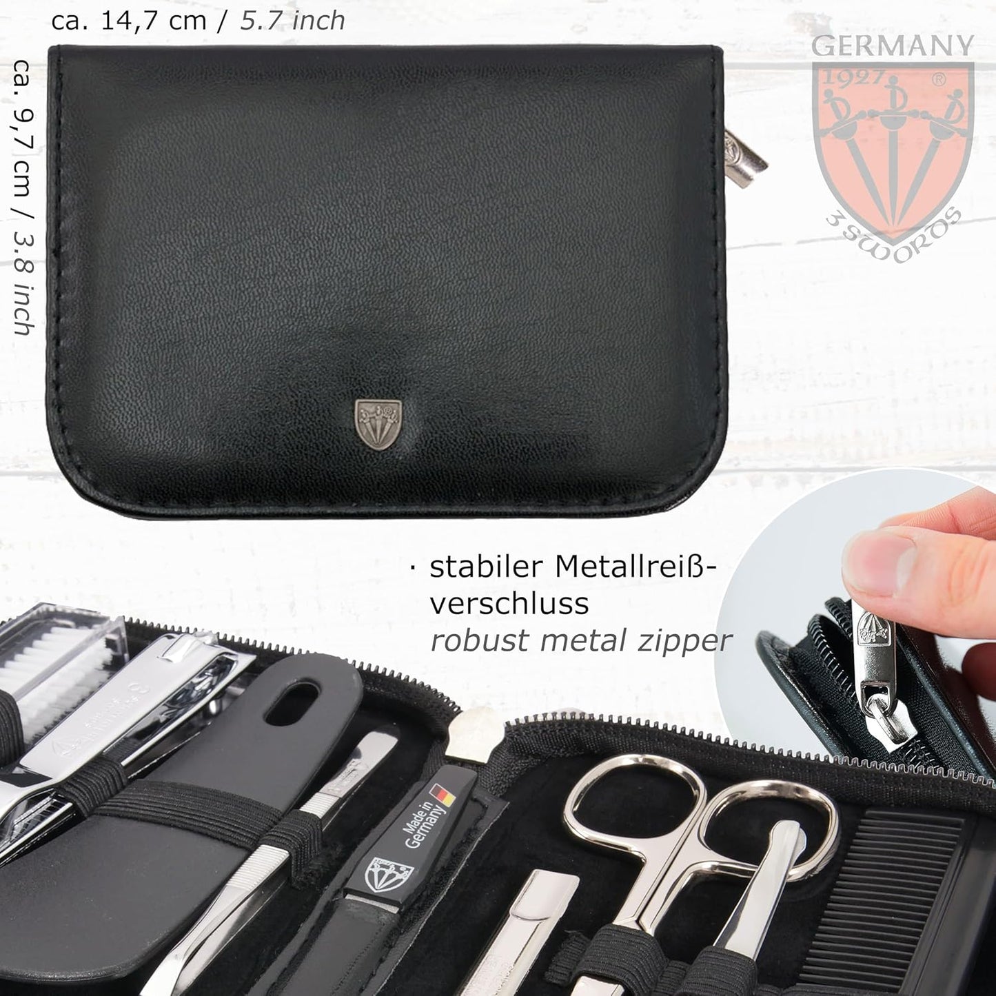 3 Swords Germany - brand quality 10 piece manicure pedicure grooming kit set for professional finger & toe nail care tweezers file clipper fashion leather case in gift box, Made by 3 Swords (02570 )
