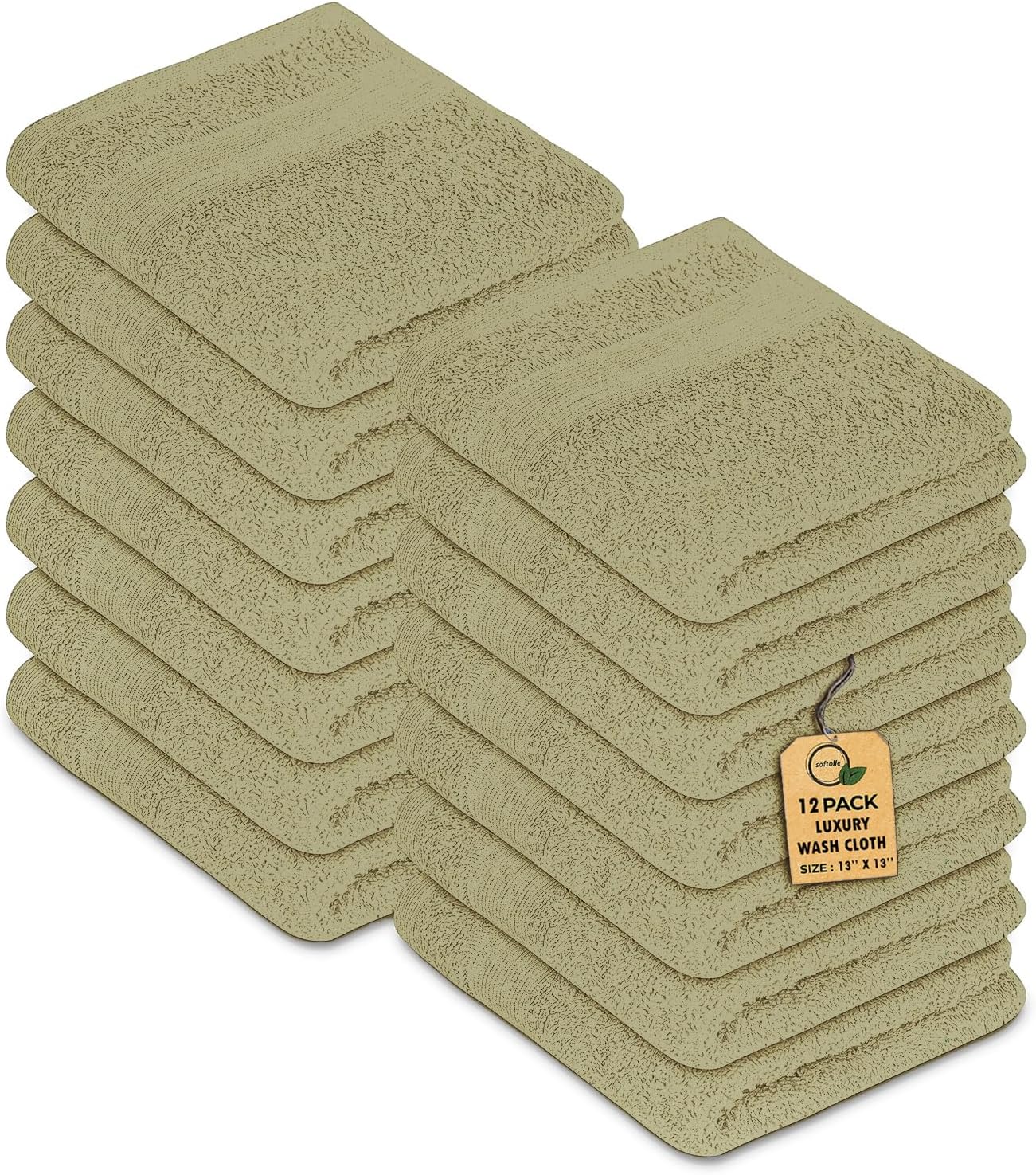 Premium Wash Cloths Pack of 12 (13" x 13") 100% Ring Spun Cotton | Luxury Washcloths | Ultra Soft Face Towels | Highly Absorbent Wash Cloths for face (Sage Green)