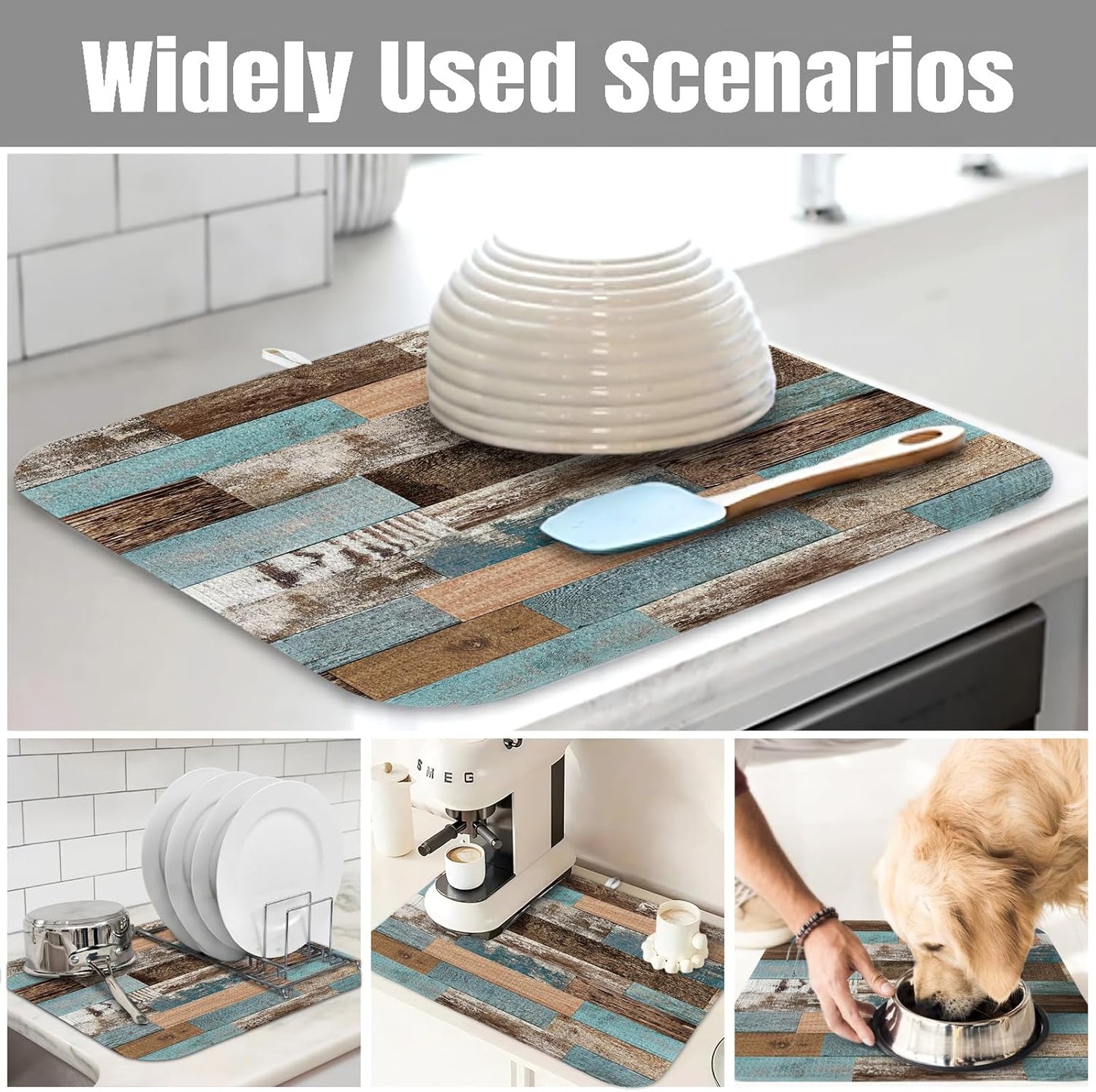 Dish Drying Mat for Kitchen Counter Large 18" x 24" Farmhouse Rustic Wood Absorbent Microfiber Dishes Drainer Rack Mats Pad Reusable Washable