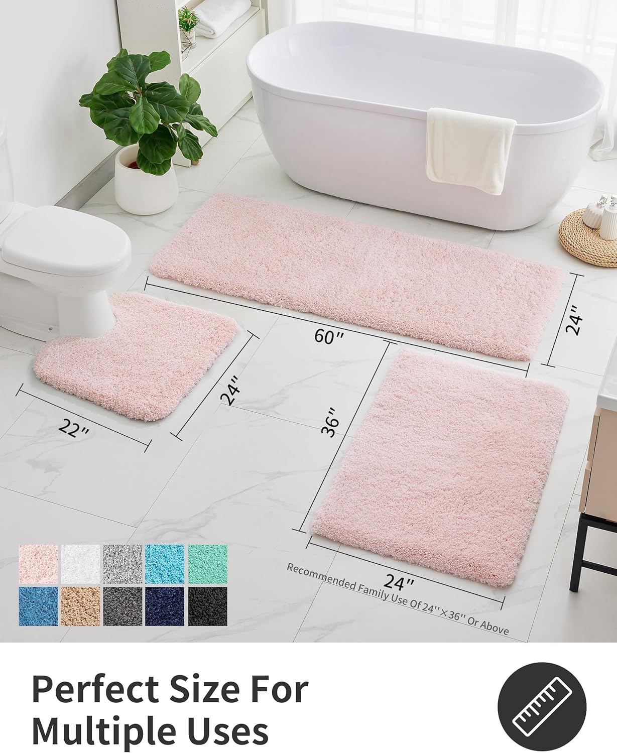 ILANGO Pink Toilet Rugs U Shaped 22" × 24" Non Slip & Super Absorbent Extra Thick Soft, Washable Bath Mats for Bathroom Floor, Microfiber Plush Shaggy Contour Bath Rugs for Toilet,Dry Quick