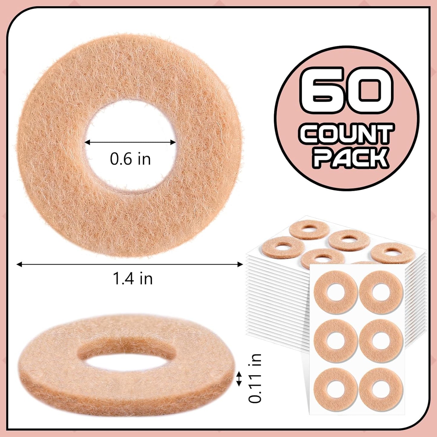 60 Pcs Felt Callus Cushions for Bottom of Foot Round Feet Corn Pads Adhesive Foot Callus Pads Soft Callous Cushions Bulk for Women Men Feet Toes Heel Pain Relief(Skin Color)