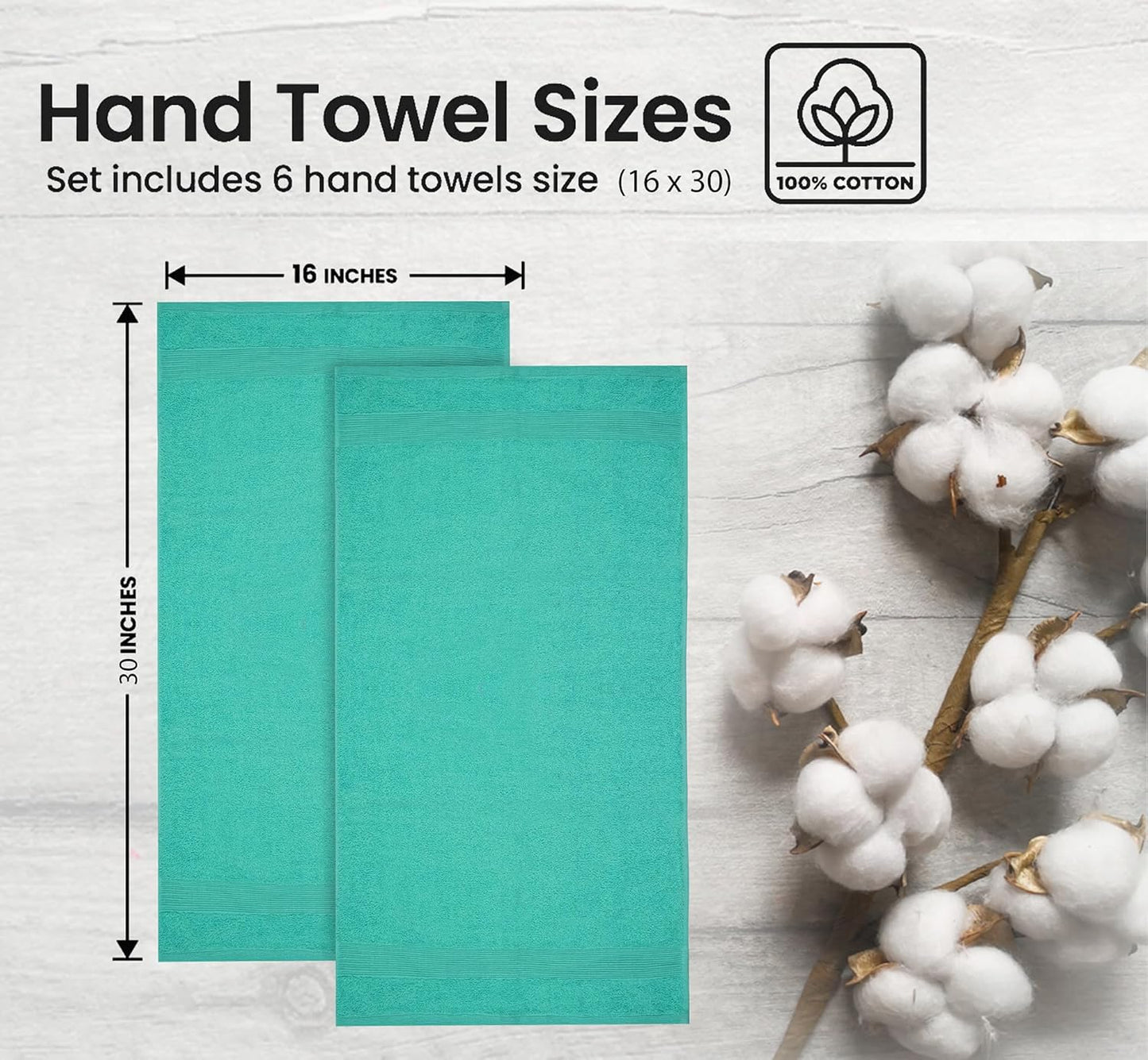Premium Hand Towels Pack of 6 (16" x 30”) 100% Combed Ring Spun Cotton | Highly Absorbent Hand Towels Set | Ultra Soft for Home, Gym & Spa (Turquoise)