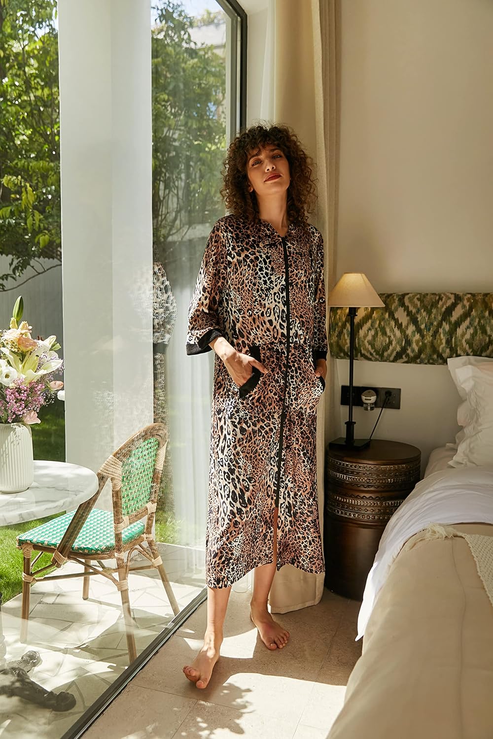 Ekouaer Women Zipper Robe 3/4 Sleeves Loungewear Dress Full Length Sleepwear Pockets Housecoat Nightgown Long Bathrobe