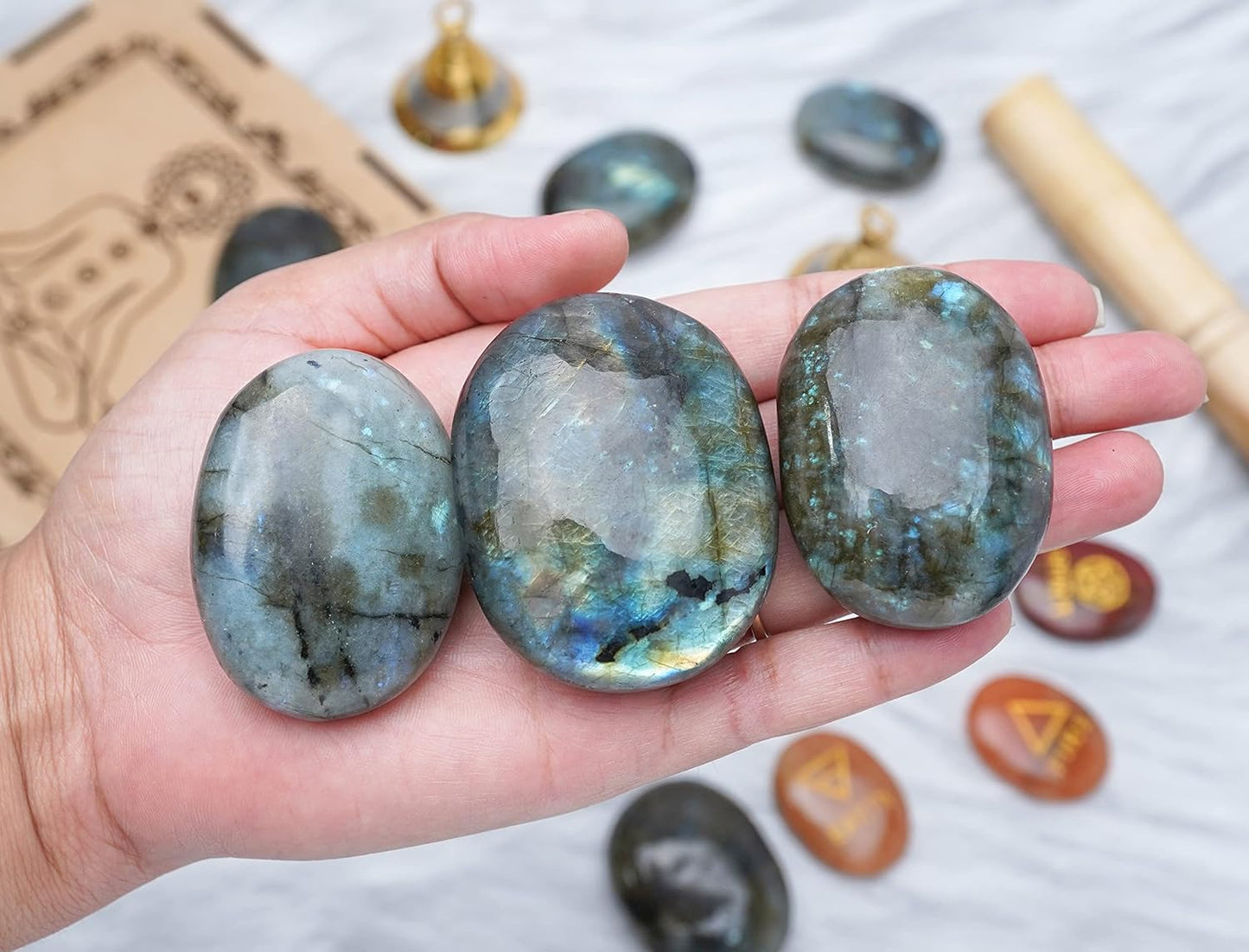 Crocon 50mm Labradorite Large Palm Stone 900+ Carats Pocket Worry Stones for Natural Chakra Balancing Reiki Healing Stones and Crystal Healing Spa Energy Crystals Gifts for Women