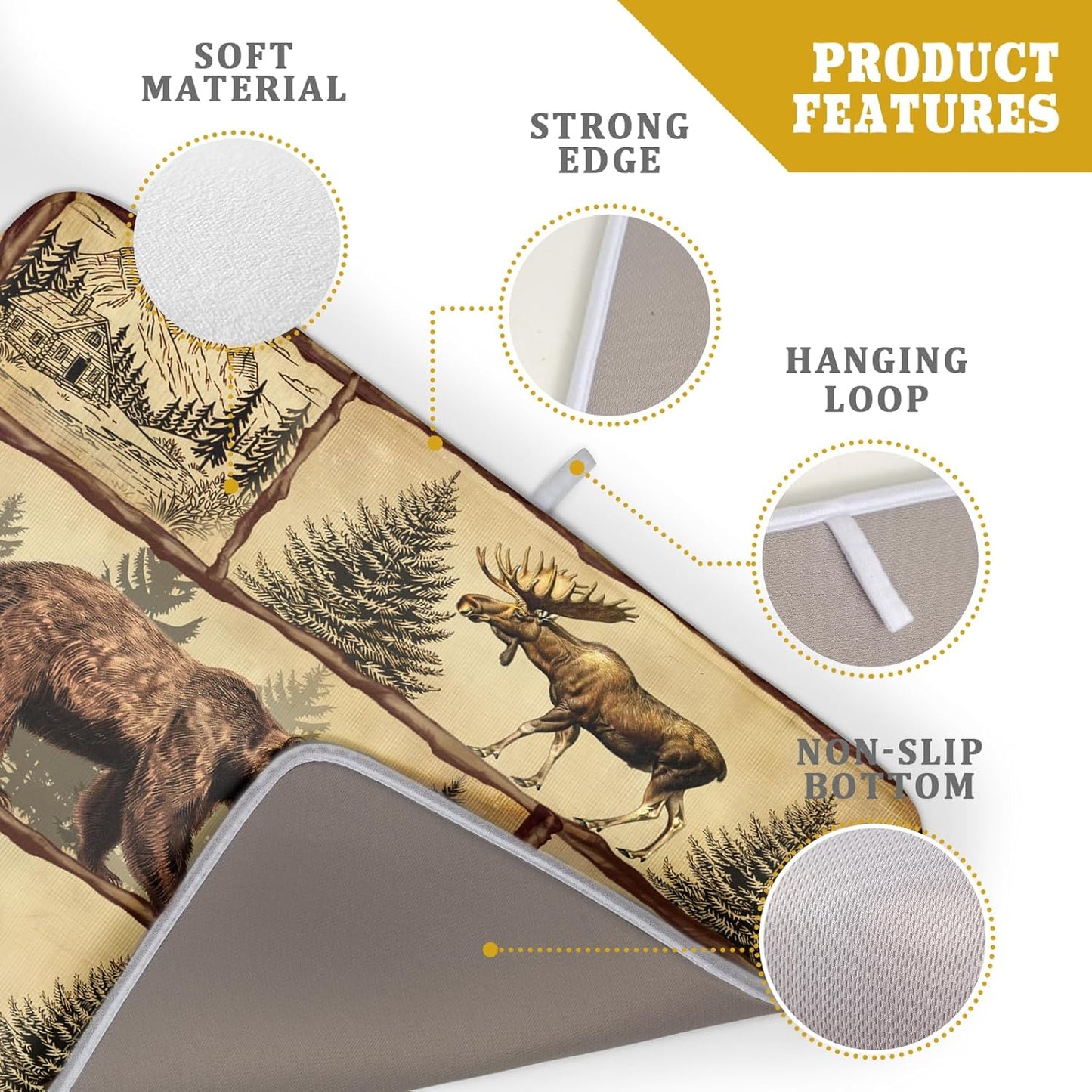 Vintage Bear Moose Dish Drying Mat 18x24 Inch Country Cabin Absorbent Dish Draining Mat Heat Resistant Drying Pad for Counter Sink Home