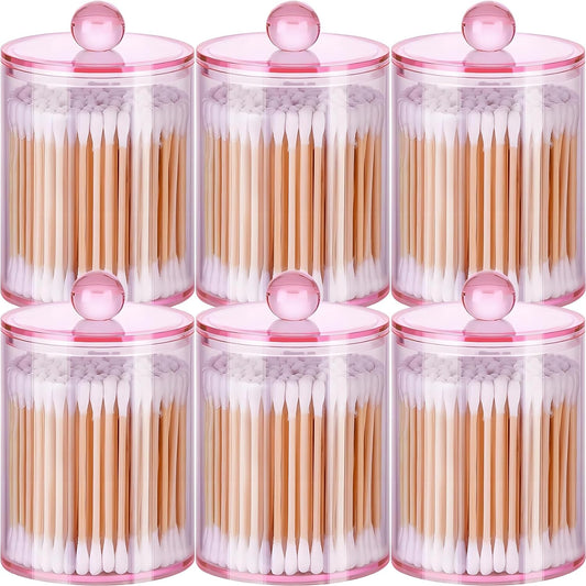 AXX Qtip Dispenser Apothecary Jars Bathroom - Qtip Holder Storage Canister Clear Plastic Jar for Cotton Swab,Q-Tips,Cotton Rounds (Pink 6Pcs)