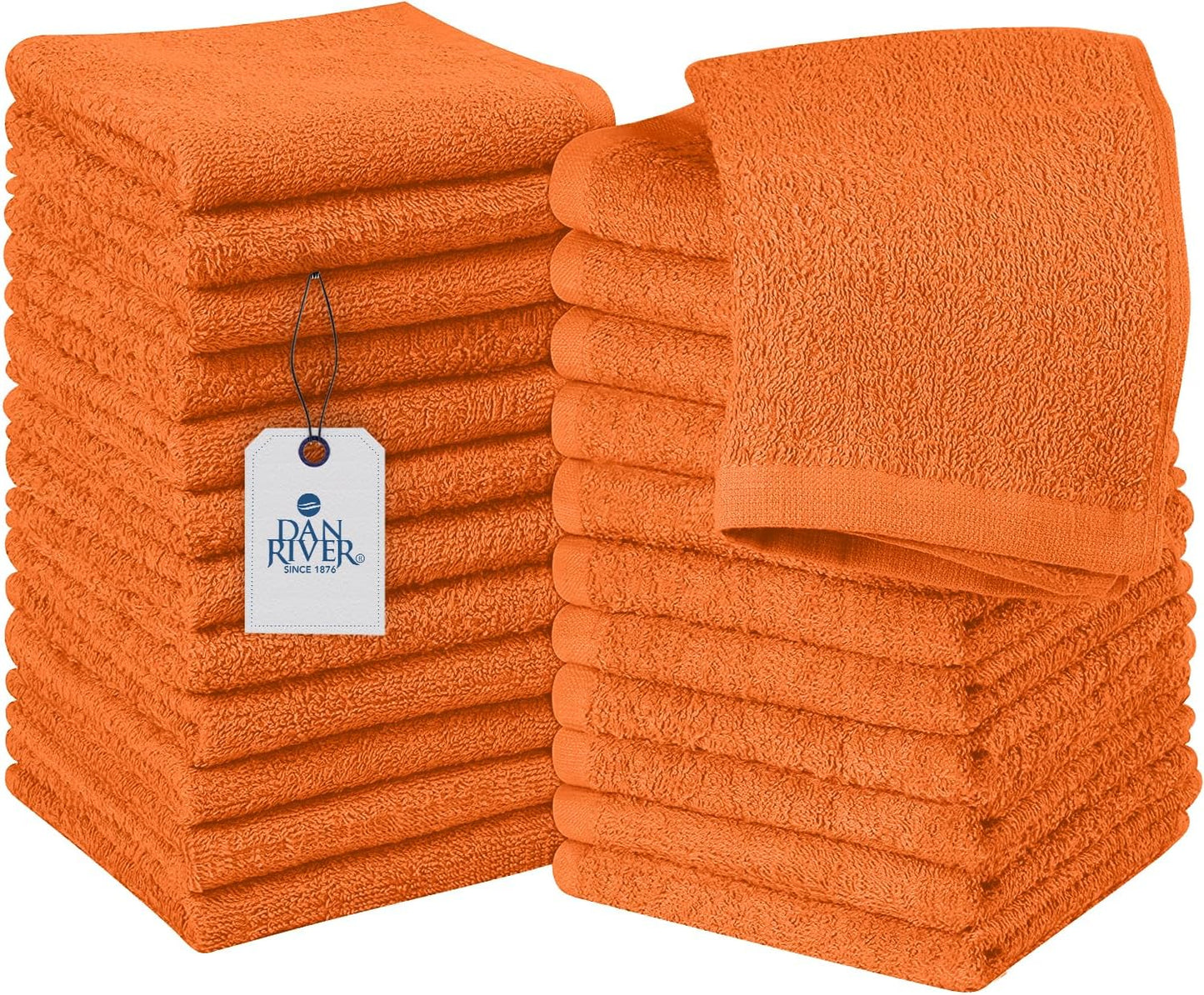 DAN RIVER 100% Cotton Wash Cloths 24 Pack [12x12] Soft & Absorbent washcloths for face, Gym, Hotels & Spa Perfect for Everyday Use Fingertip Towels, Orange
