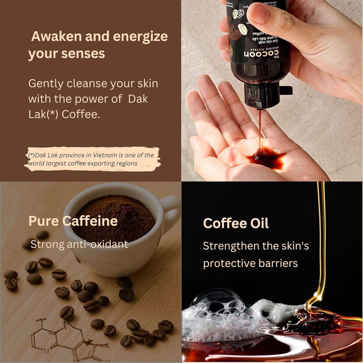 Cocoon Dak Lak Coffee Cleanser, Vegan Facial Cleanser Low PH, Daily Face Wash for All Skin Types, Gentle Makeup Remover, With Antioxidants for Glowing Skin & Less Visible Pores