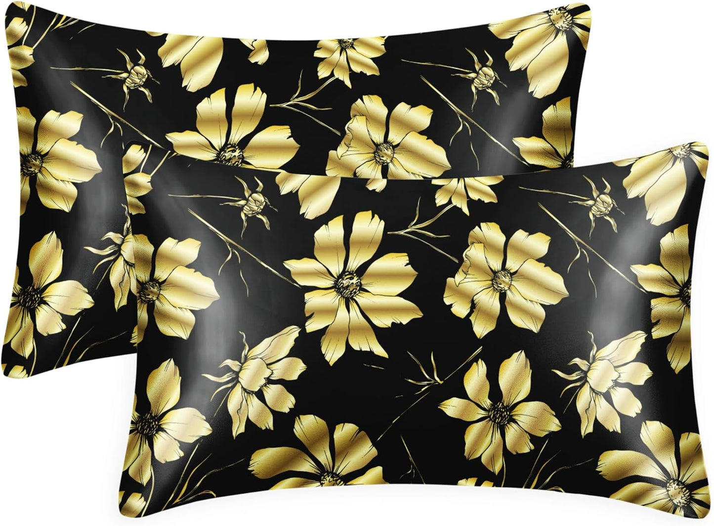 EXQ Home Satin Pillowcase for Hair and Skin Queen - Printed Golden Flowers Silk Pillow Cases 2 Pack 20x30 inches - Satin Pillow Cases Set of 2 with Envelope Closure, Gifts for Women Men