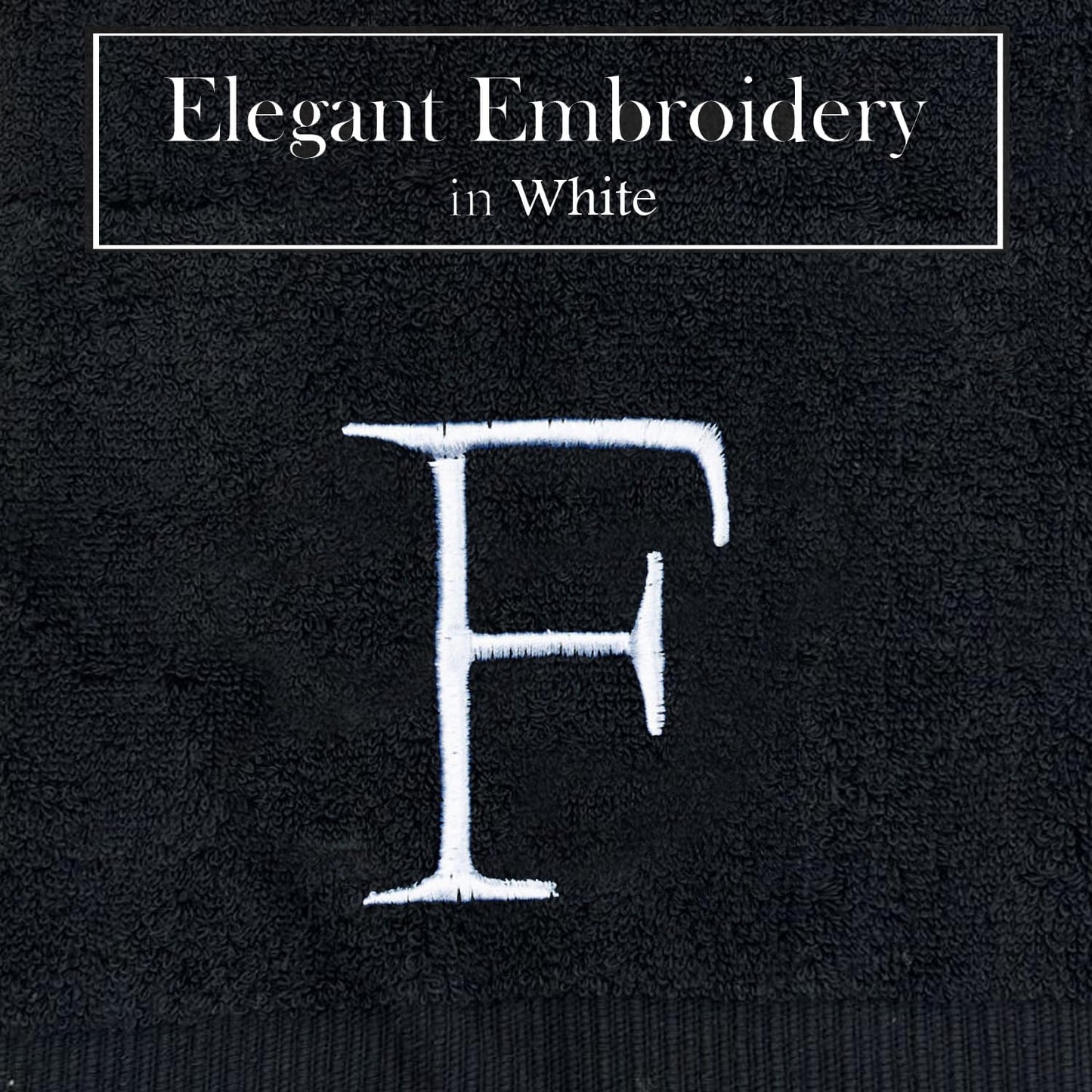 Black Monogrammed Hand Towel for Bathroom - Initial Hotel Quality Decorative Embroidered Luxury Towel for Powder Room, Spa - GOTS Organic Certified - Pack of 2, Letter F