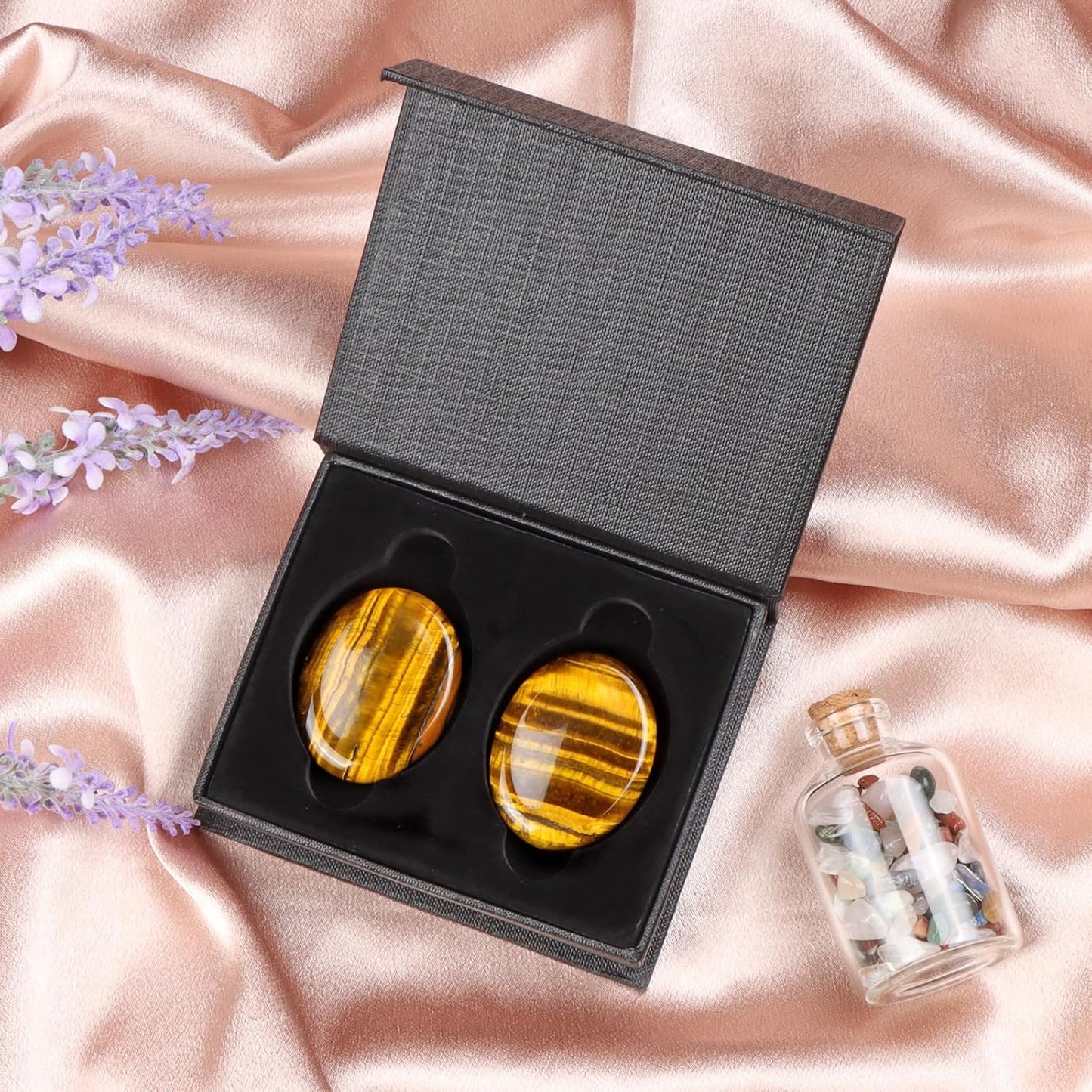 Artistone Thumb Worry Stones for Anxiety Healing Crystals Sets 2PCS Tiger Eye Hand Carved Gemstone Pocket Palm Stones Meditation Reiki Chakra