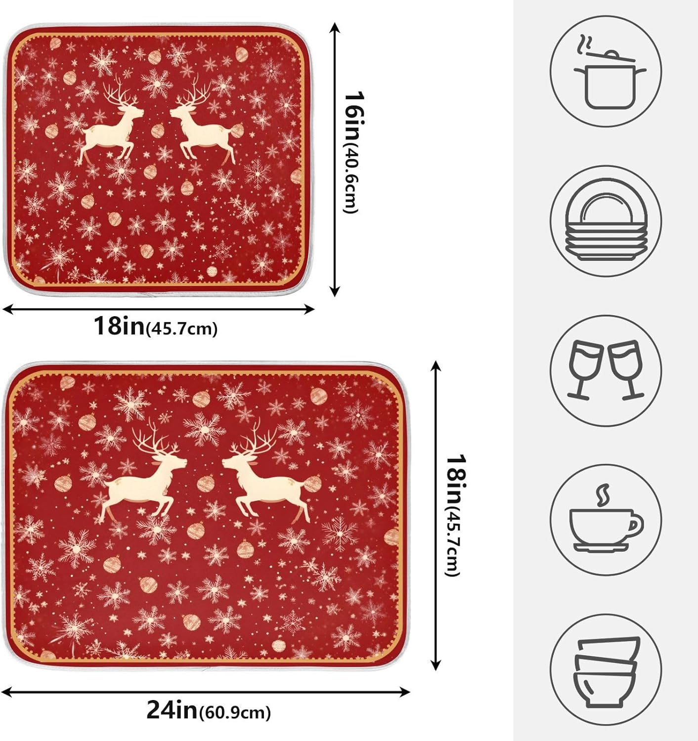 Christmas Dish Drying Mat Golden Snowflake Elk Reindeer Red Dish Drainer Mat for Kitchen Counter 16 x 18 Inch Winter Absorbent Microfiber Dishes Pad