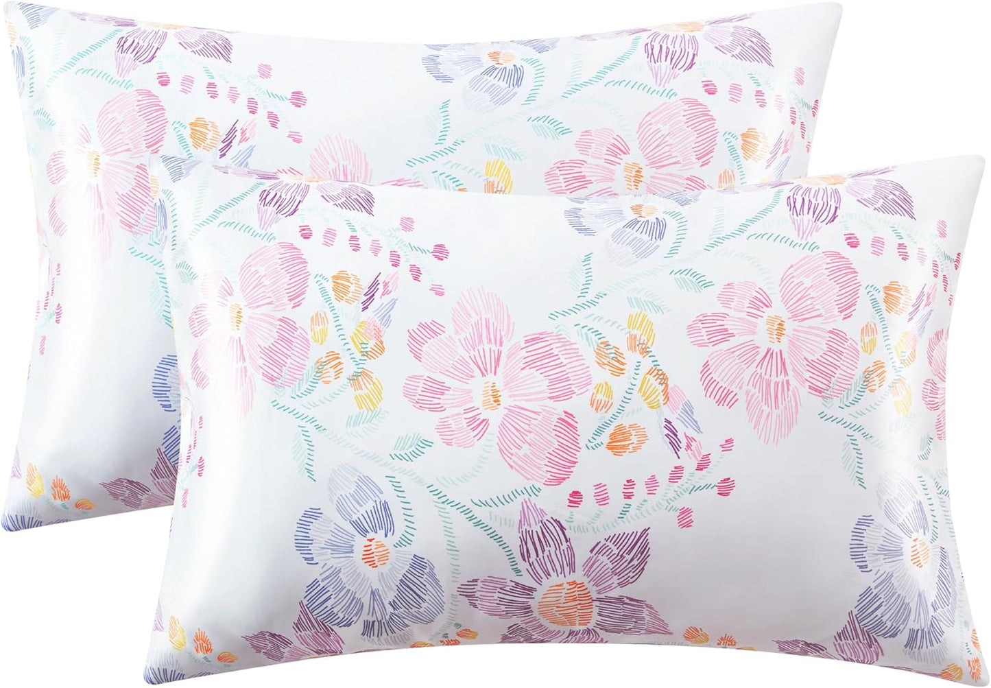 EXQ Home Satin Pillowcase for Hair and Skin - Multicolor Printed Flower Silk Pillowcase 2 Pack 20x26 inches - Standard Size Satin Pillow Cases Set of 2 with Envelope Closure