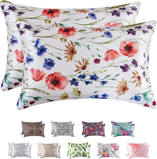 MR&HM Satin Pillowcase for Hair and Skin, Silk Satin Pillowcase 2 Pack, Standard Size Pillow Cases Set of 2, Silky Pillow Cover with Envelope Closure (20x26, Floral Mixted)
