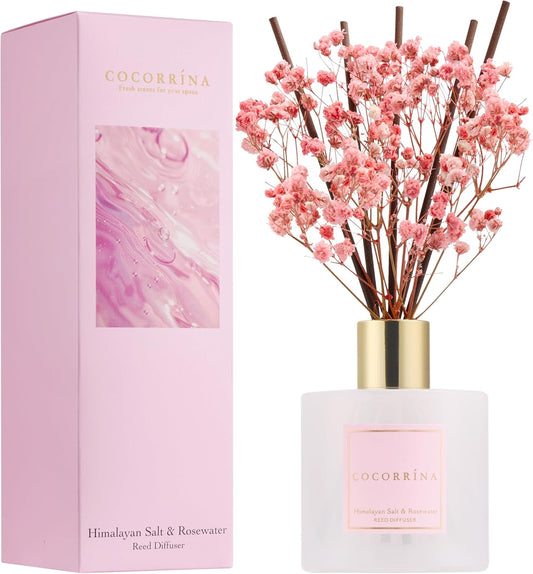 COCORRÍNA Reed Diffuser - Himalayan Salt & Rosewater 6.7 Fl.oz Reed Diffuser Set with Sticks & Preserved Baby's Breath, Reed Diffuser for Home Bathroom Shelf Decor
