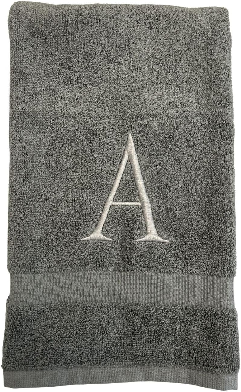 Gray Initial Hand Towel for Bathroom - Monogrammed Luxury Hotel Quality Decorative Embroidered Towel for Powder Room, Spa - GOTS Organic Certified - Set of 2 Silver Letter A
