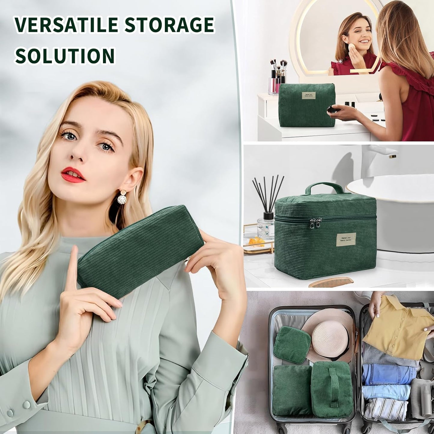 4 Pcs Makeup Bag for Women Corduroy Cosmetic Bag Aesthetic Cute Bags Multi Size Purse Pouch Travel Toiletry Bag Set Makeup Organizer with Zipper(Green)