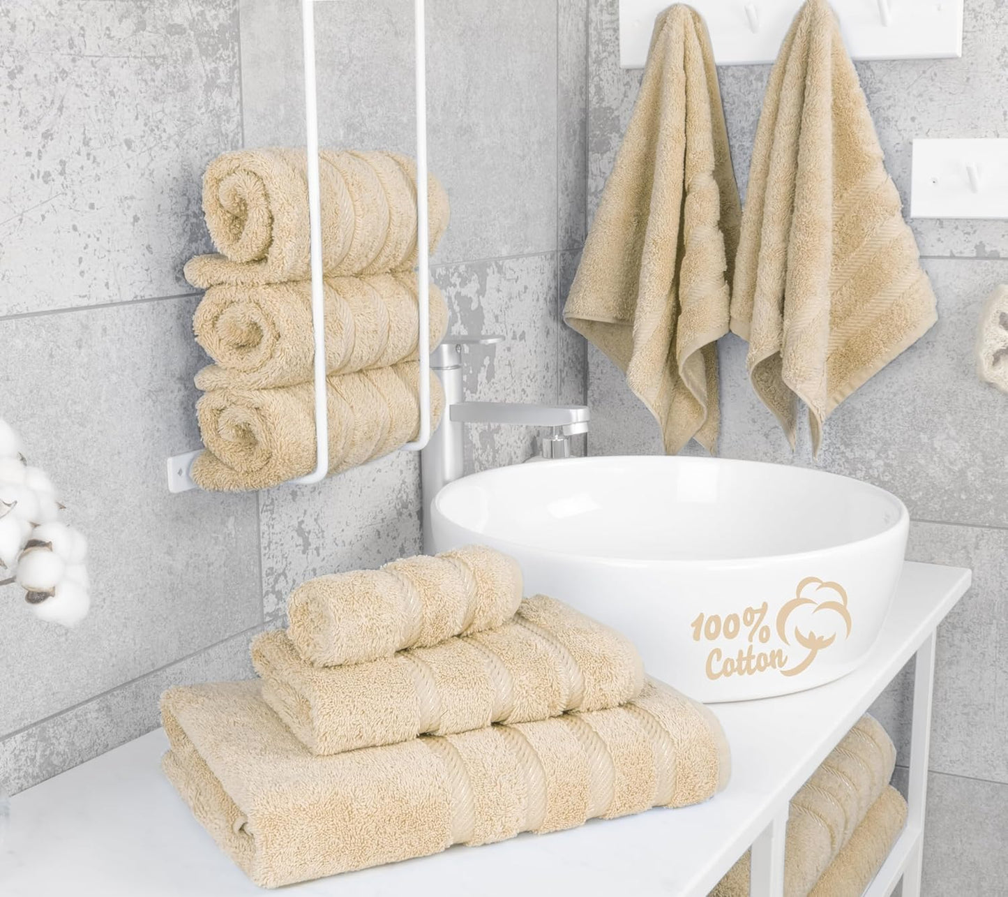 American Soft Linen Luxury 6 Piece Towel Set, 2 Bath Towels 2 Hand Towel 2 Washcloths, 600 GSM 100% Cotton Turkish Towels for Bathroom, Beige Towel Sets