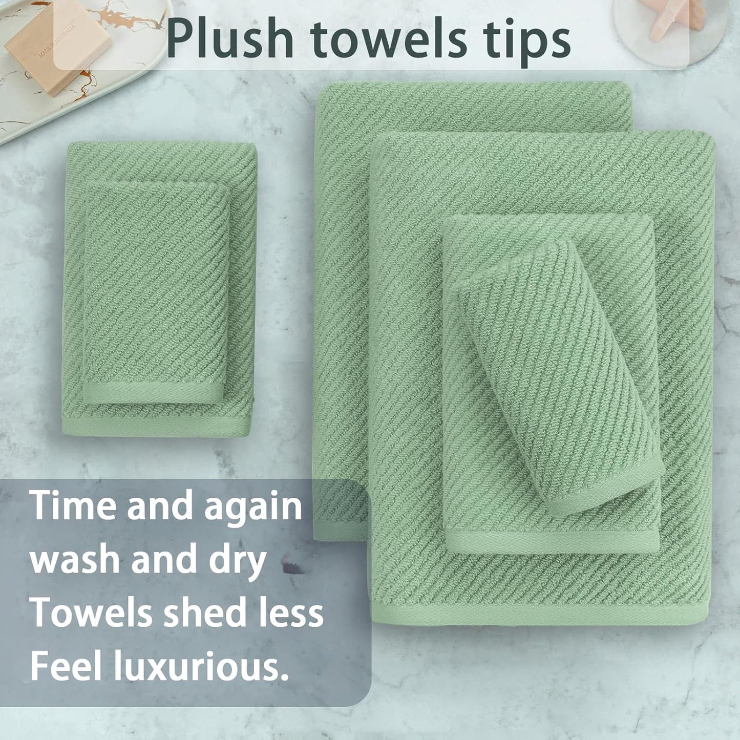 VOOVA & MOVAS Green Towels for Bathroom - 100% Cotton | Quick Dry | Lightweight | Thick | Soft, 6 Piece Towel Set, 2 Large Bath 30"x56", 2 Hand 18"x28", 2 Wash Cloths 13"x13", Towel Gift Set, Sage