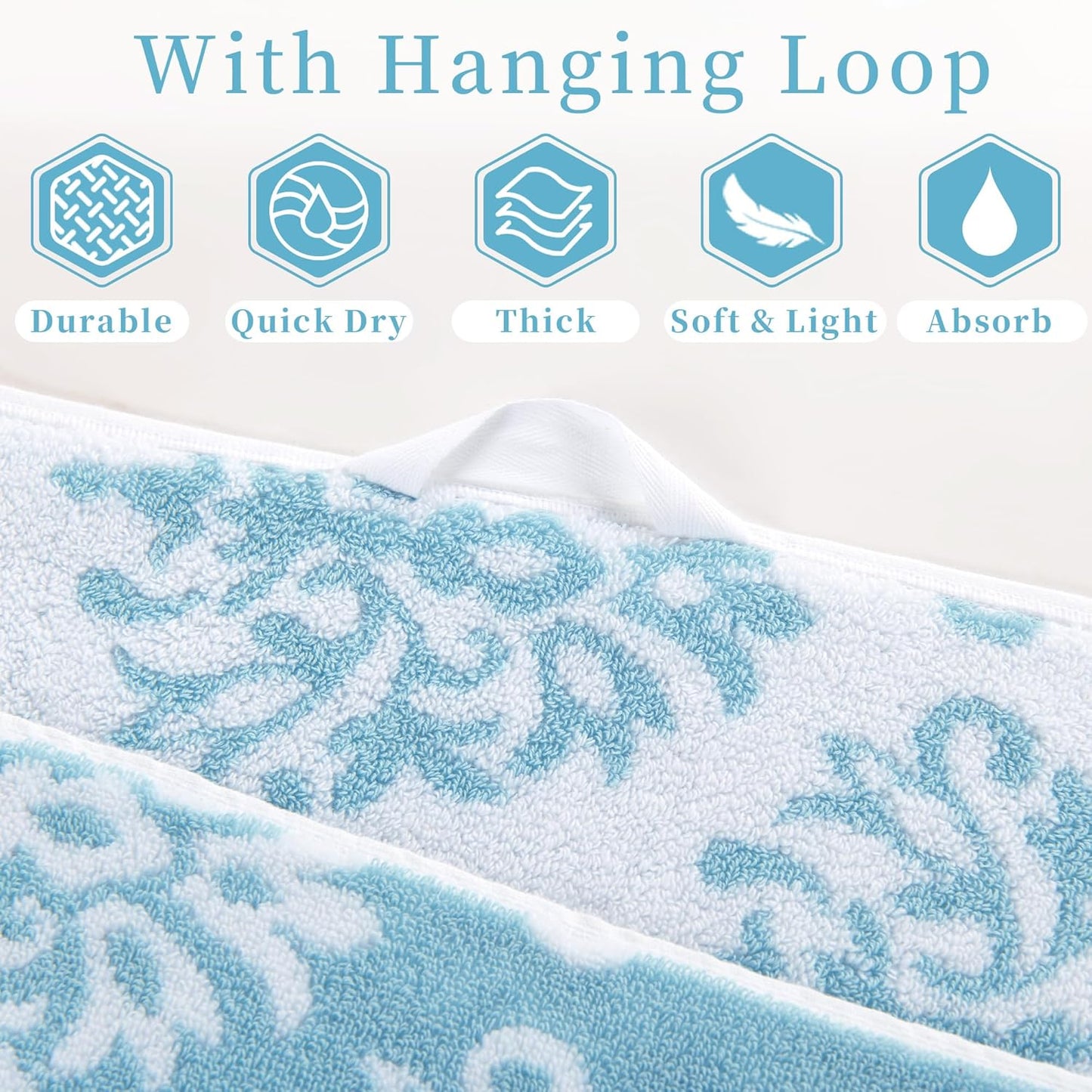 Patterned Bath Towels (4 Pack, 28"x52") - 100% Cotton | Quick Dry | Soft | Light Weight | Absorbent, Decorative Bath Towels Set for Bathroom, Bathroom Essentials, Aqua and White Damask Jacquard