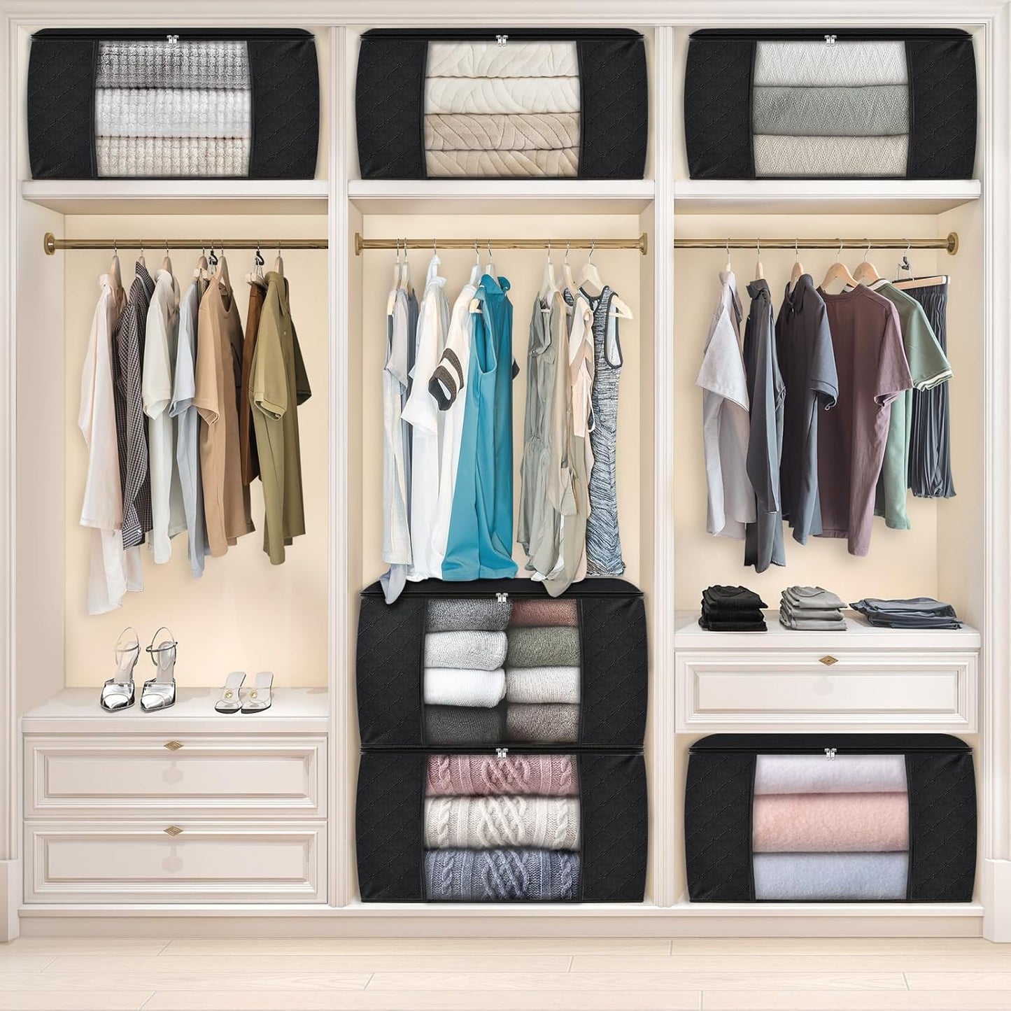 Fab totes 24 Gallons Clothes Storage, Foldable Thick Fabric Blanket Storage Bags, Containers for Organizing Bedroom, Closet, Clothing, Comforter, Organization with Handle (4 Pack,Black)