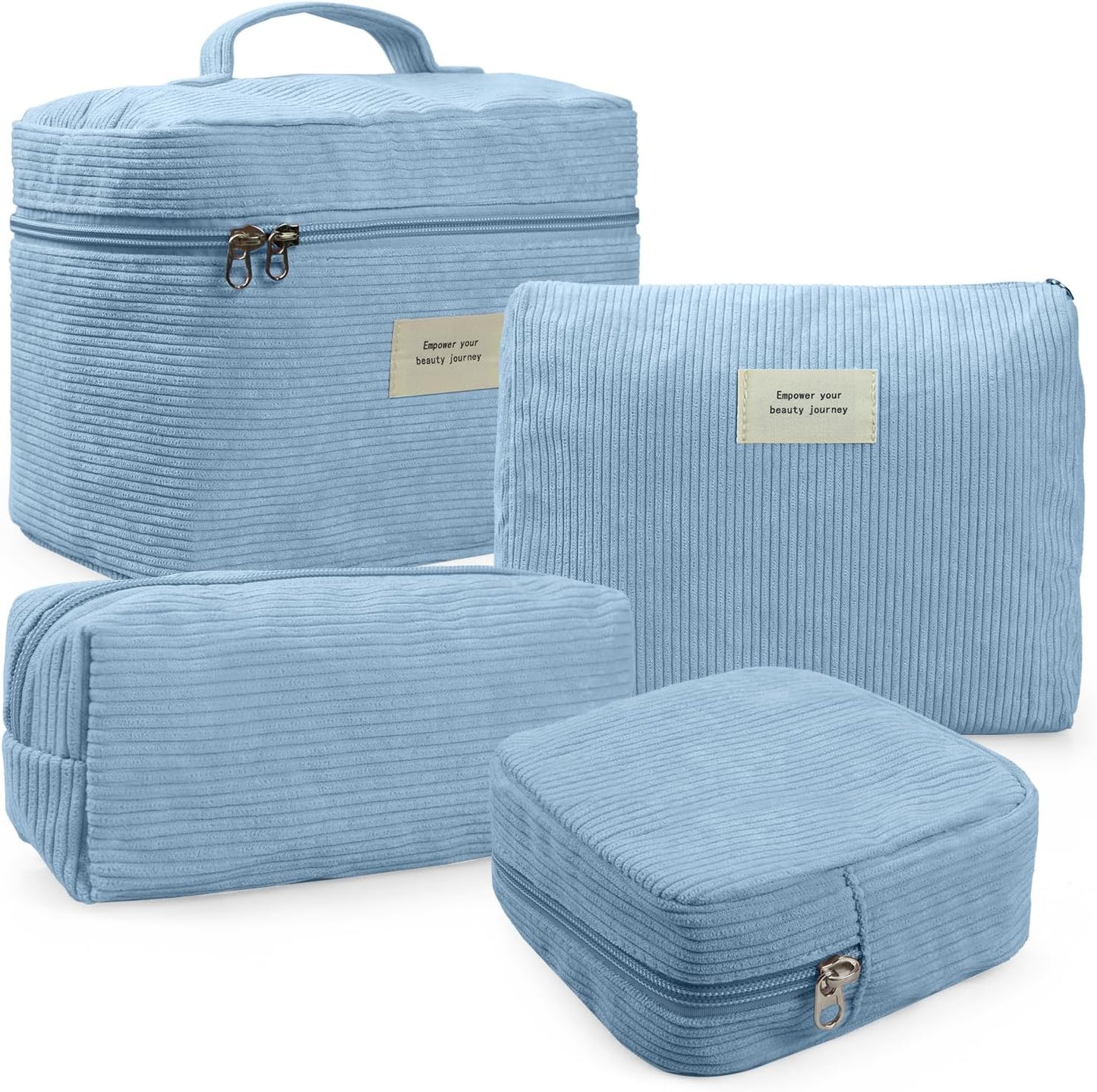 4 Pcs Makeup Bag for Women Corduroy Cosmetic Bag Aesthetic Cute Bags Multi Size Purse Pouch Travel Toiletry Bag Set Makeup Organizer with Zipper (07-Blue)