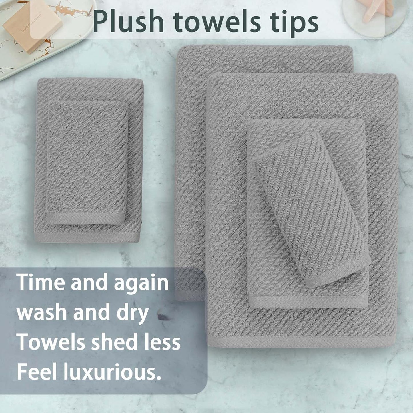 VOOVA & MOVAS Grey Bathroom Towel Sets - 100% Cotton | Lightweight | Quick Dry | Thick | Soft, 6 Piece Towel Set, 2 Large Bath 30"x56", 2 Hand 18"x28", 2 Washcloths 13"x13", Bathroom Essentials, Gray