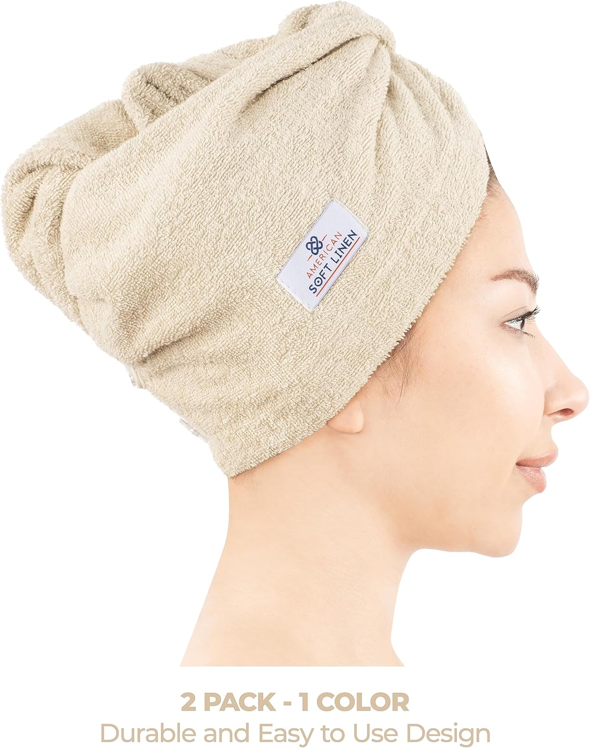 American Soft Linen 100% Cotton Hair Towels for Women, Head Towel Cap, Cotton Hair Turban Towel Wrap for Long Curly Anti Frizz Hair, Soft and Absorbent Cotton Hair Towels 2 Pack, Beige