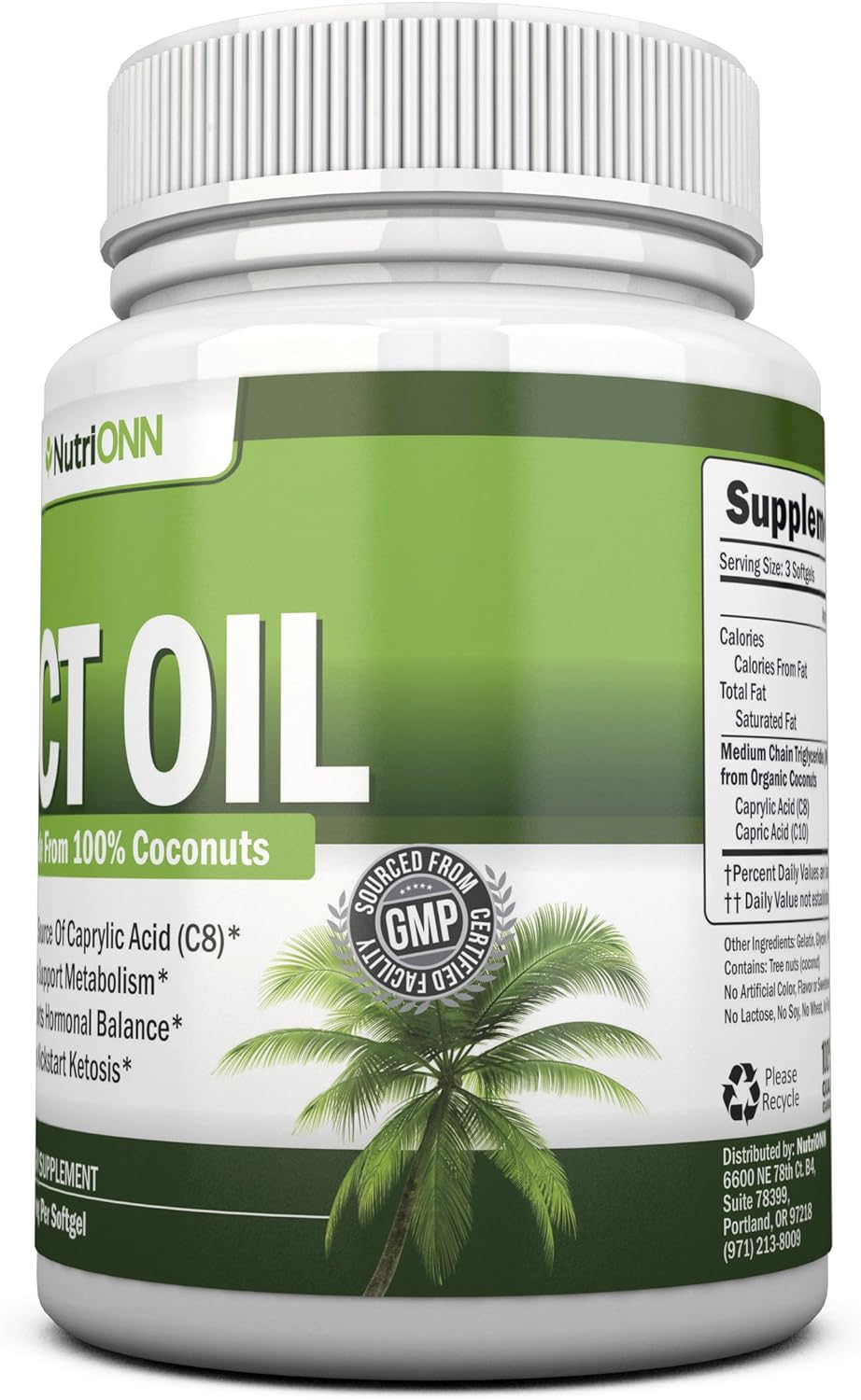 MCT Oil - 3000mg Per Serving - 180 Softgels - Made from 100% Organic Coconuts - Non GMO, Cold Pressed, Paleo Friendly Capsules - Great for Focus & Gut Health