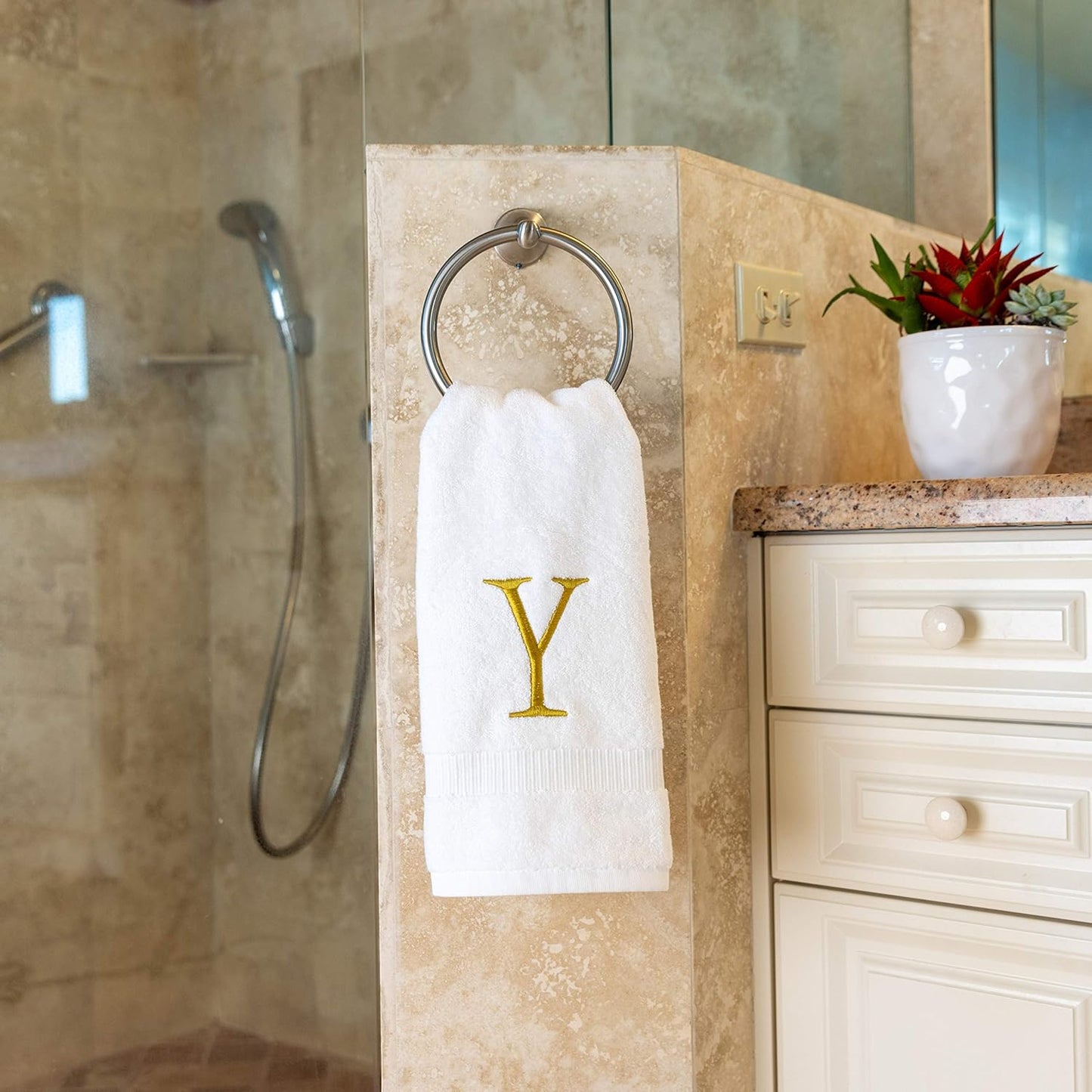 Monogrammed Hand Towels for Bathroom - Luxury Hotel Quality Personalized Initial Decorative Embroidered Bath Towel for Powder Room, Spa - GOTS Organic Certified - Set of 2 Gold Letter Y