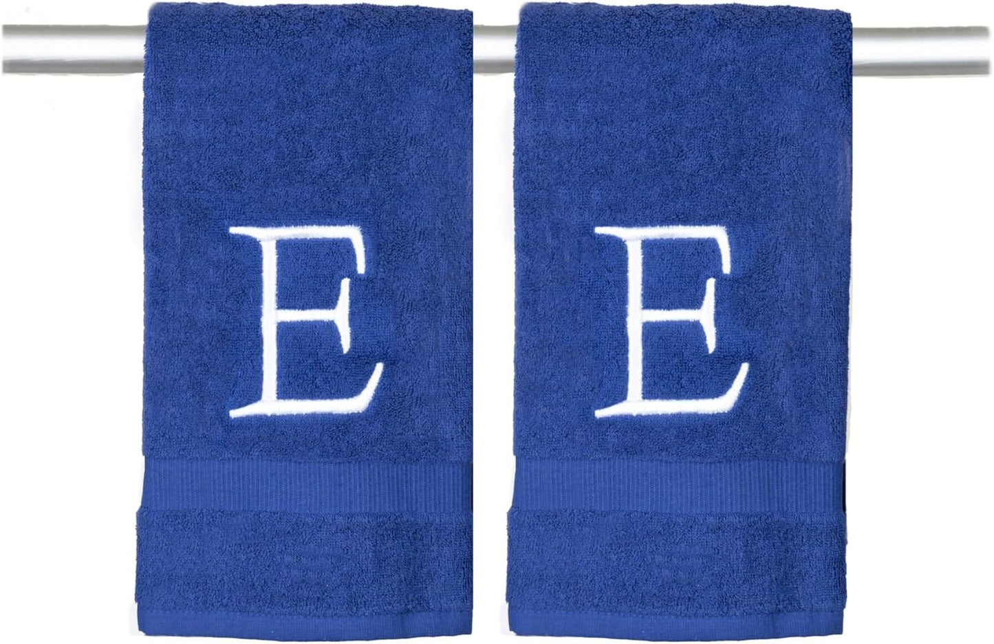 Navy Monogram Hand Towel for Bathroom - Monogrammed Initial Hotel Quality Decorative Embroidered Luxury Towel for Powder Room, Spa - GOTS Organic Certified - Set of 2 White Letter E